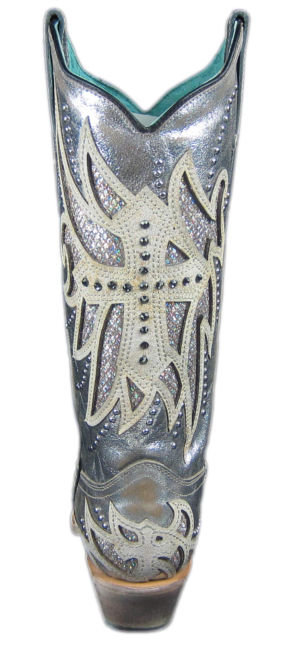 **Women's Corral Boots with Laser Inlay & Embroidered Studs - Silver (Size 7 B(M) US) | Perfect for Western Fashion, Country Concerts & Cowgirl Style**