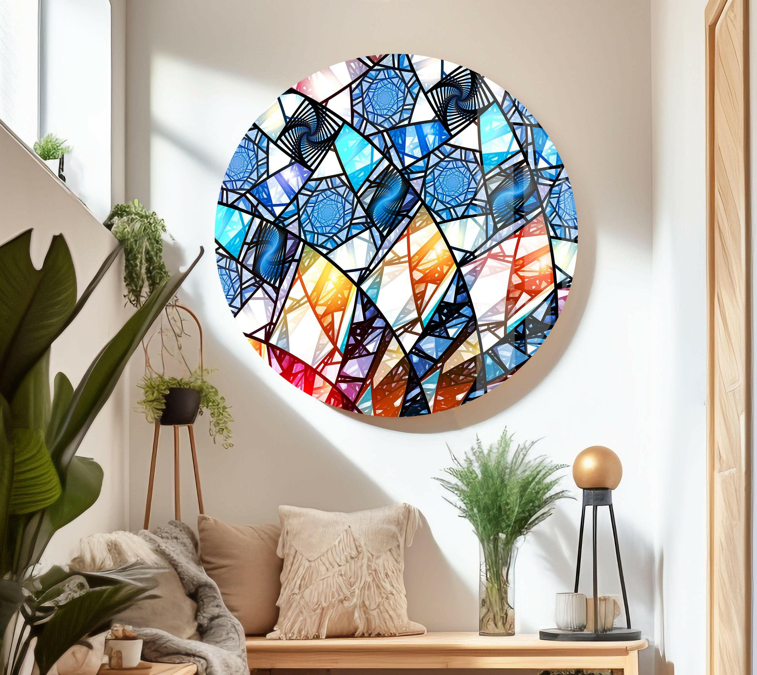 Blue and White Geometric Glass Wall Art - Modern Home Decor for Living Room, Bedroom, or Office - Handmade Glass Mosaic Artwork