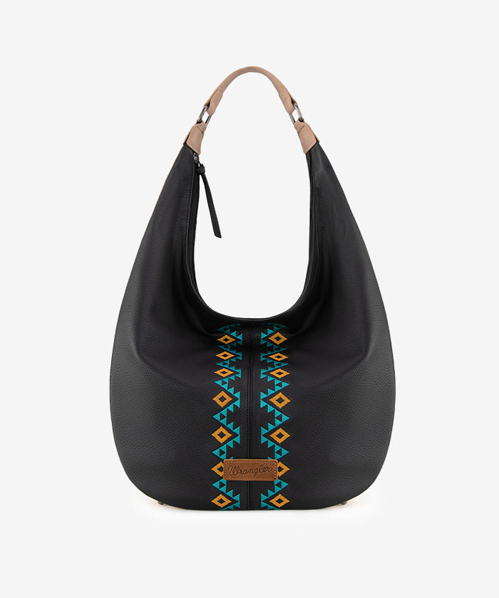 Wrangler Aztec Embroidered Wide Hobo Bag for Women - Stylish Boho Shoulder Purse with Tribal Pattern - Perfect for Casual Outings, Music Festivals & Travel Accessories