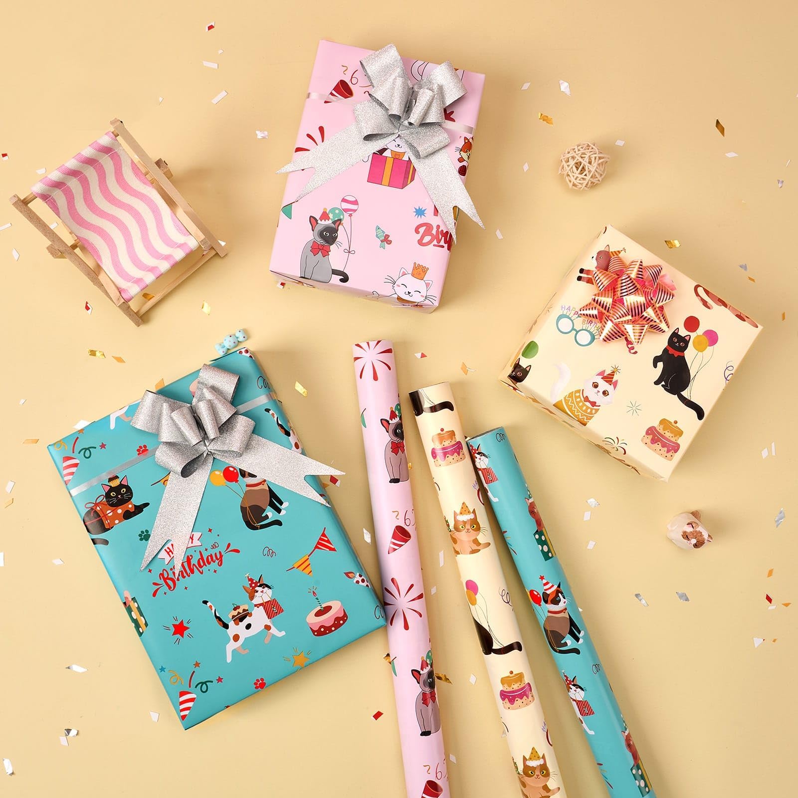 WERNNSAI Cat Wrapping Paper Rolls - 3 Rolls 17” x 120” Birthday Gift Wrap with Cutting Lines | Cute Kitten Themed Wrapping Paper for Girls, Birthday Presents & Party Decorations