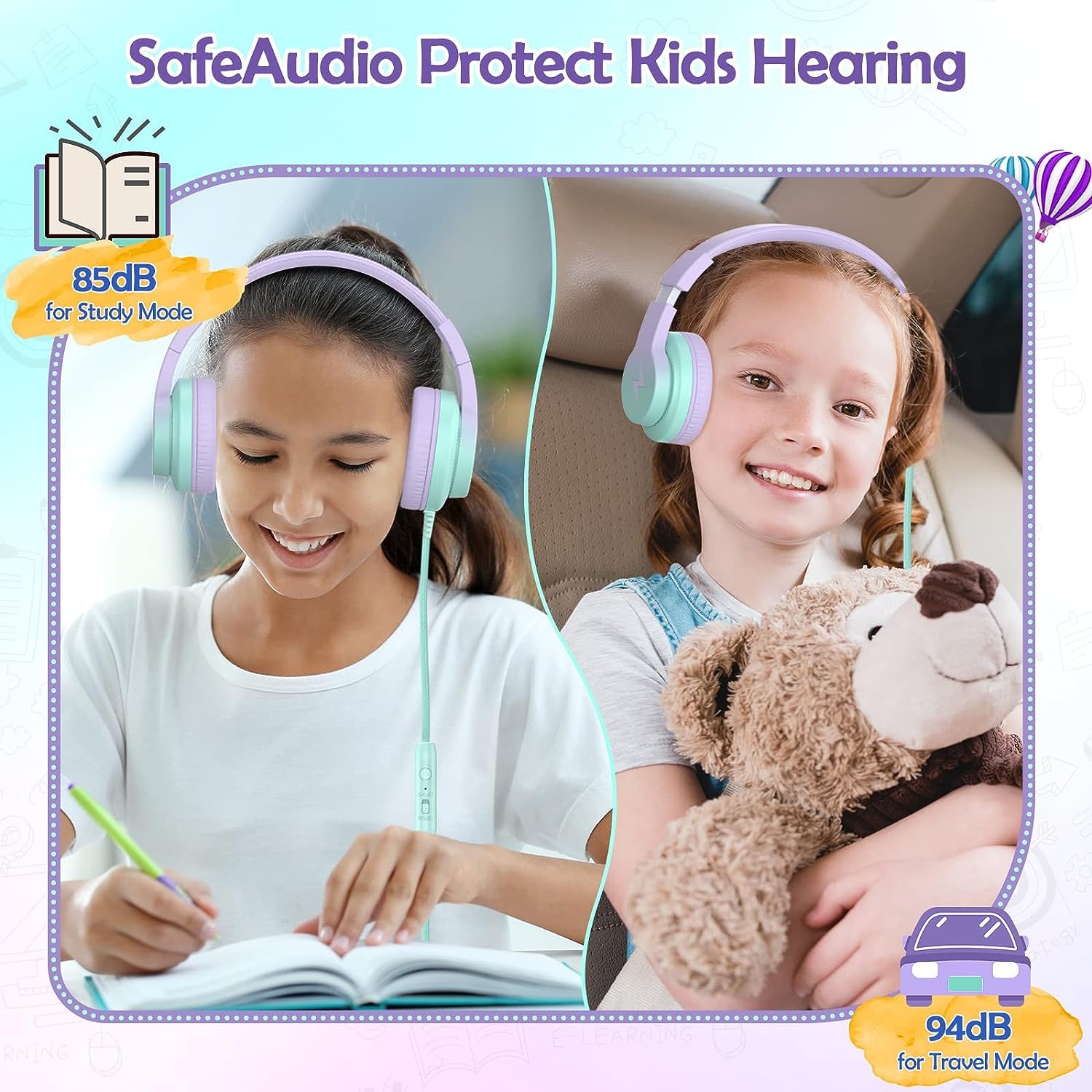 Kids Wired Over-Ear Headphones with Microphone & 85/94dB Volume Limiter - Foldable Gradient Purple Headphones for Girls & Boys - Perfect for Online Learning, Gaming & Travel