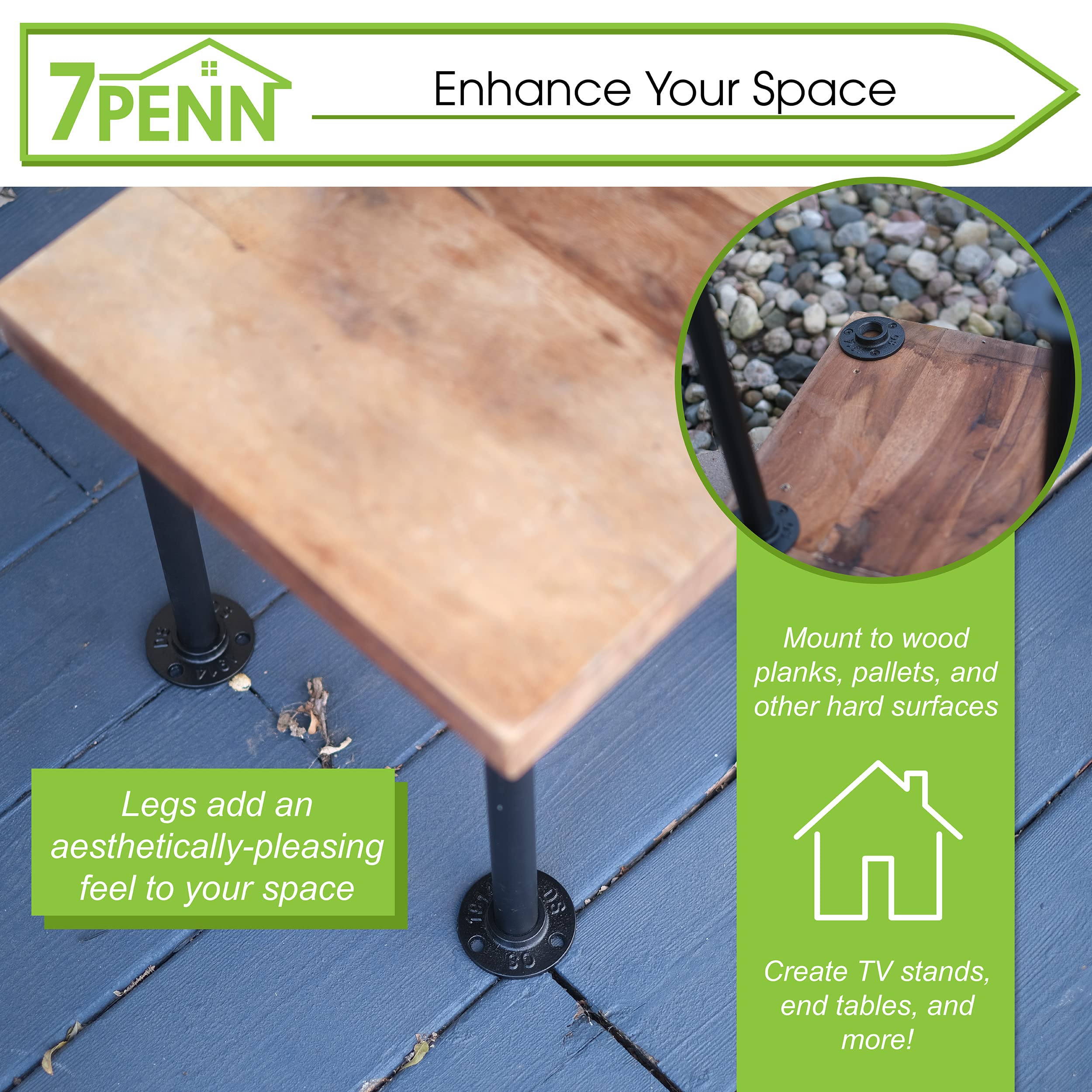 7Penn 12in Black Metal Table Legs - Vintage Industrial Pipe Legs for Coffee Tables & Benches