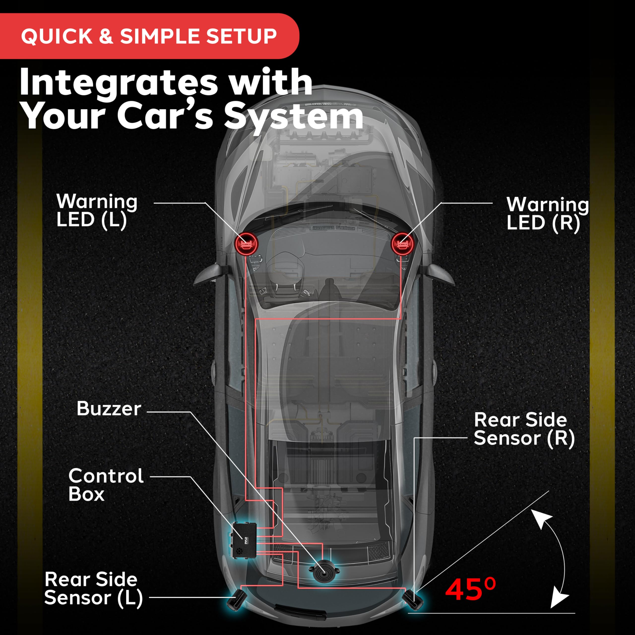 Pyle Ultrasonic Blind Spot Detection System - BSD & BSA BSM Lane Change Assistant with Reverse Parking, 5M Range, LED & Buzzer Alerts - Enhanced Car Driving Safety for Highway, City & Parking Scenarios