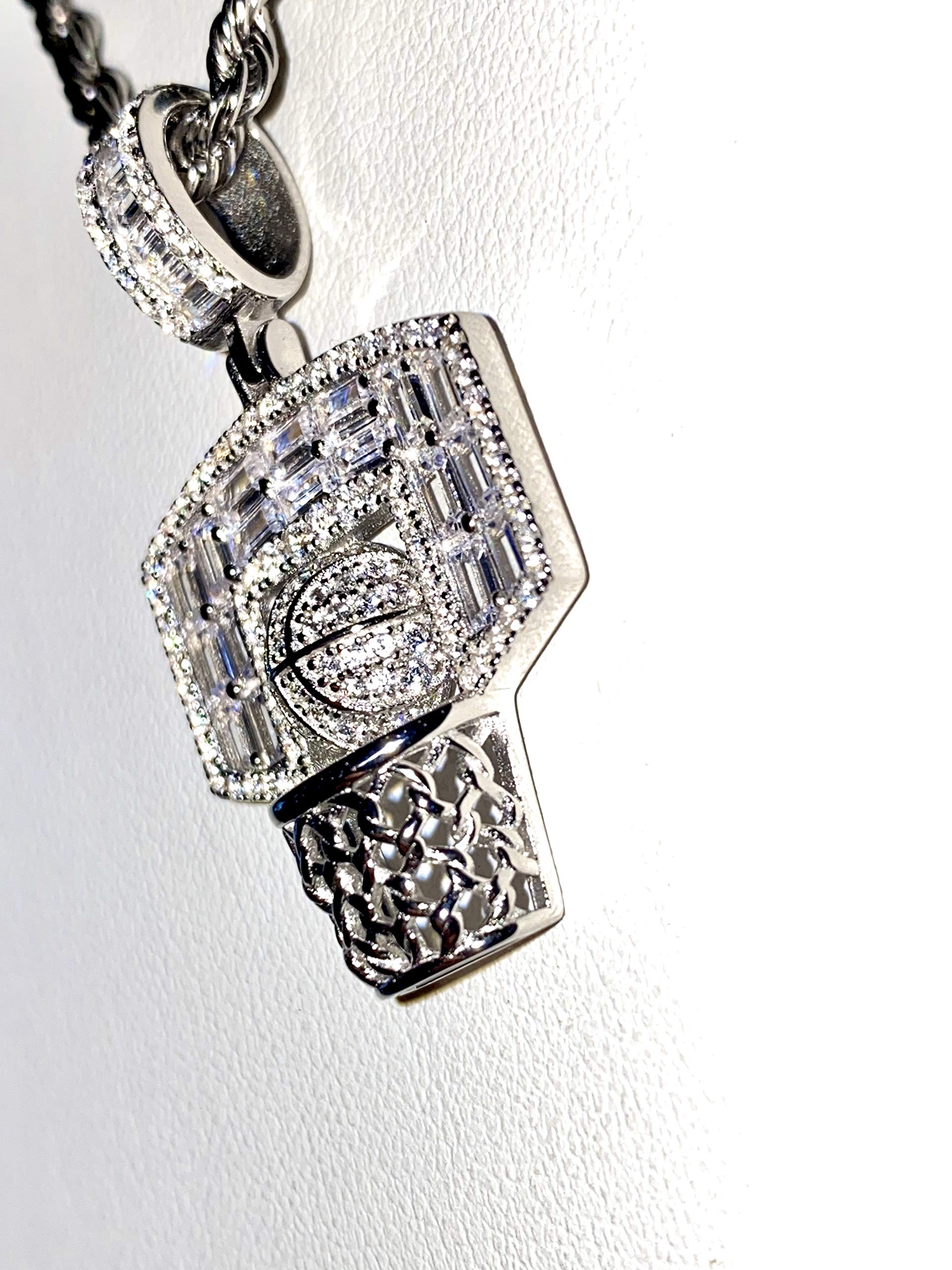 925 Sterling Silver Iced Out Pendant Necklace for Men & Women - Italy White Gold Finish Baguette Basketball Charm with 2mm Stainless Steel Rope Chain (16