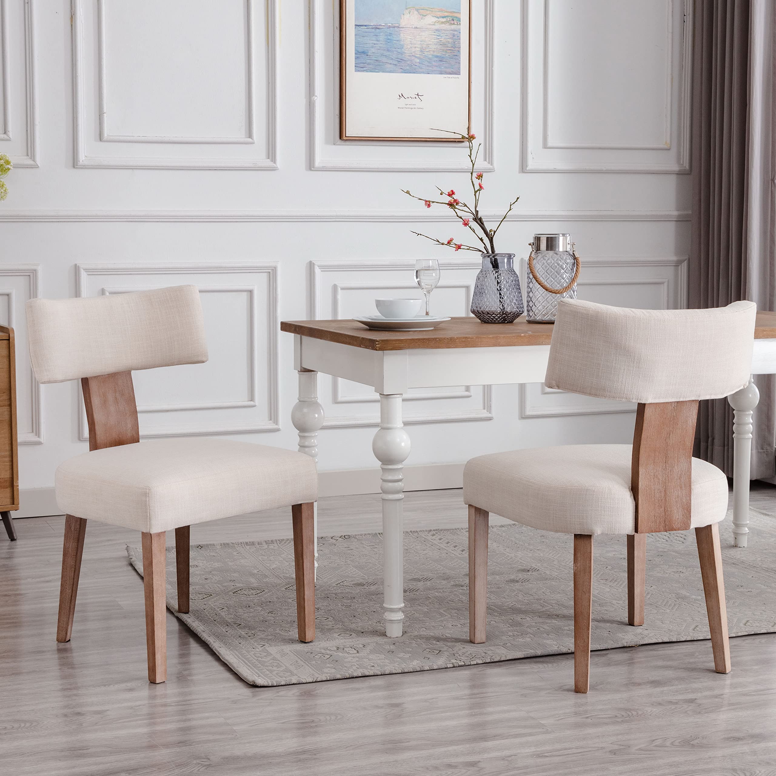 Farmhouse Dining Chairs Set of 2 - Linen Upholstered Solid Wood Leg Parsons Chairs for Kitchen, Dining Room & Breakfast Nook - Beige Accent Chairs
