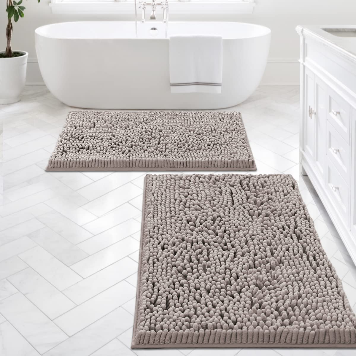 Luxury Chenille Bathroom Rugs Set of 2 - Non-Slip, Super Soft & Absorbent Shaggy Bath Mats - Fast Drying & Machine Washable (Taupe, 24