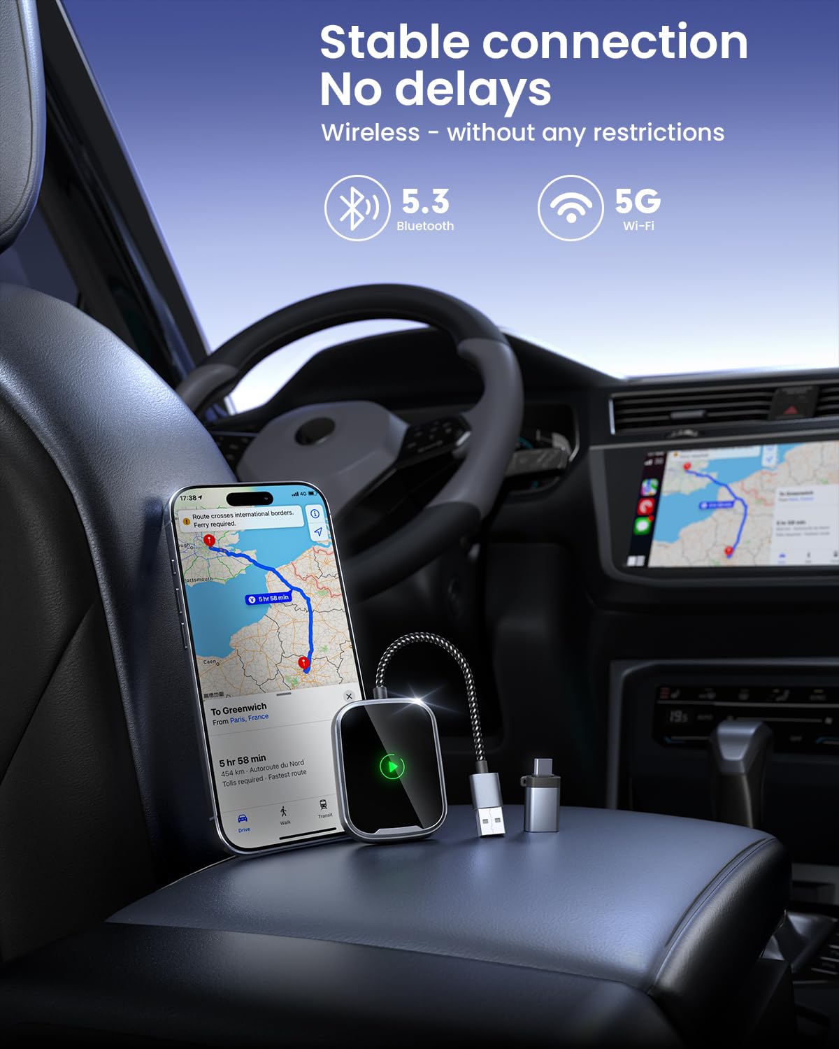 Wireless CarPlay Adapter for iPhone - Bluetooth CarPlay Dongle - Convert Wired to Wireless CarPlay - USB-C Wireless CarPlay for Cars 2018+ & Apple iOS 10+ - Perfect for Hands-Free Driving & Seamless Music Streaming
