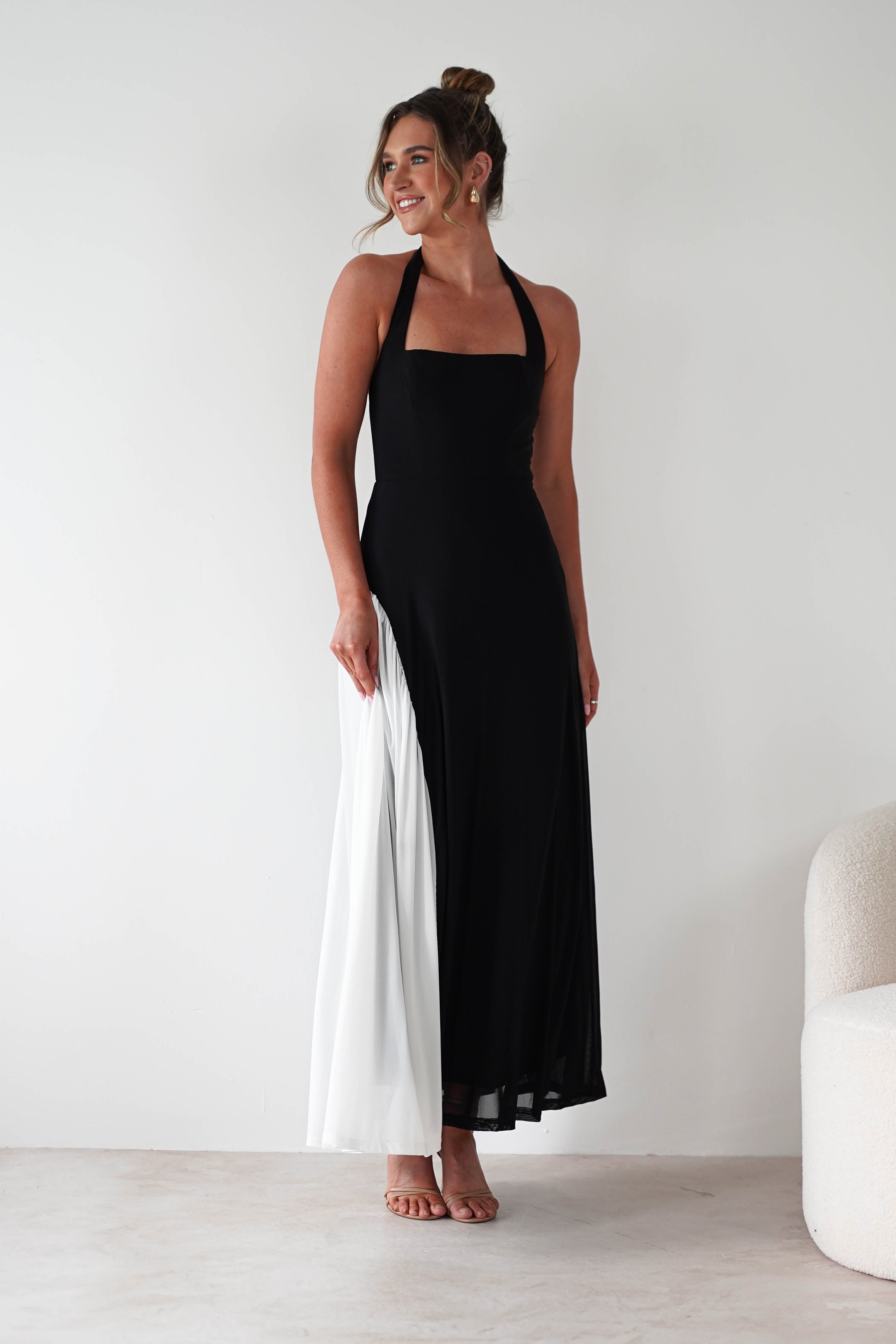 Unika Halterneck Maxi Dress for Women - Elegant Black & White Flowy Long Dress for Summer, Beach, Party, and Special Occasions