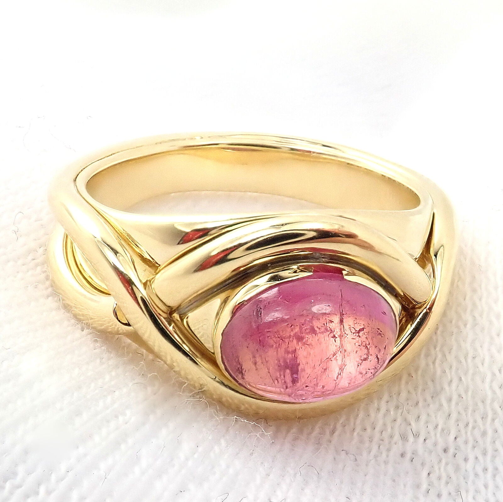 Authentic Tiffany & Co 18K Yellow Gold Pink Tourmaline Cabochon Band Ring - Rare Vintage Jewelry for Women, Perfect Gift for Anniversary, Engagement & Special Occasions