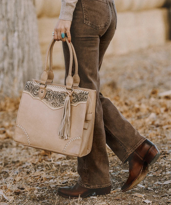 Montana West Genuine Leather Tooled Fringe Tote Bag for Women - Stylish Western Handbag for Work, Travel & Everyday Use