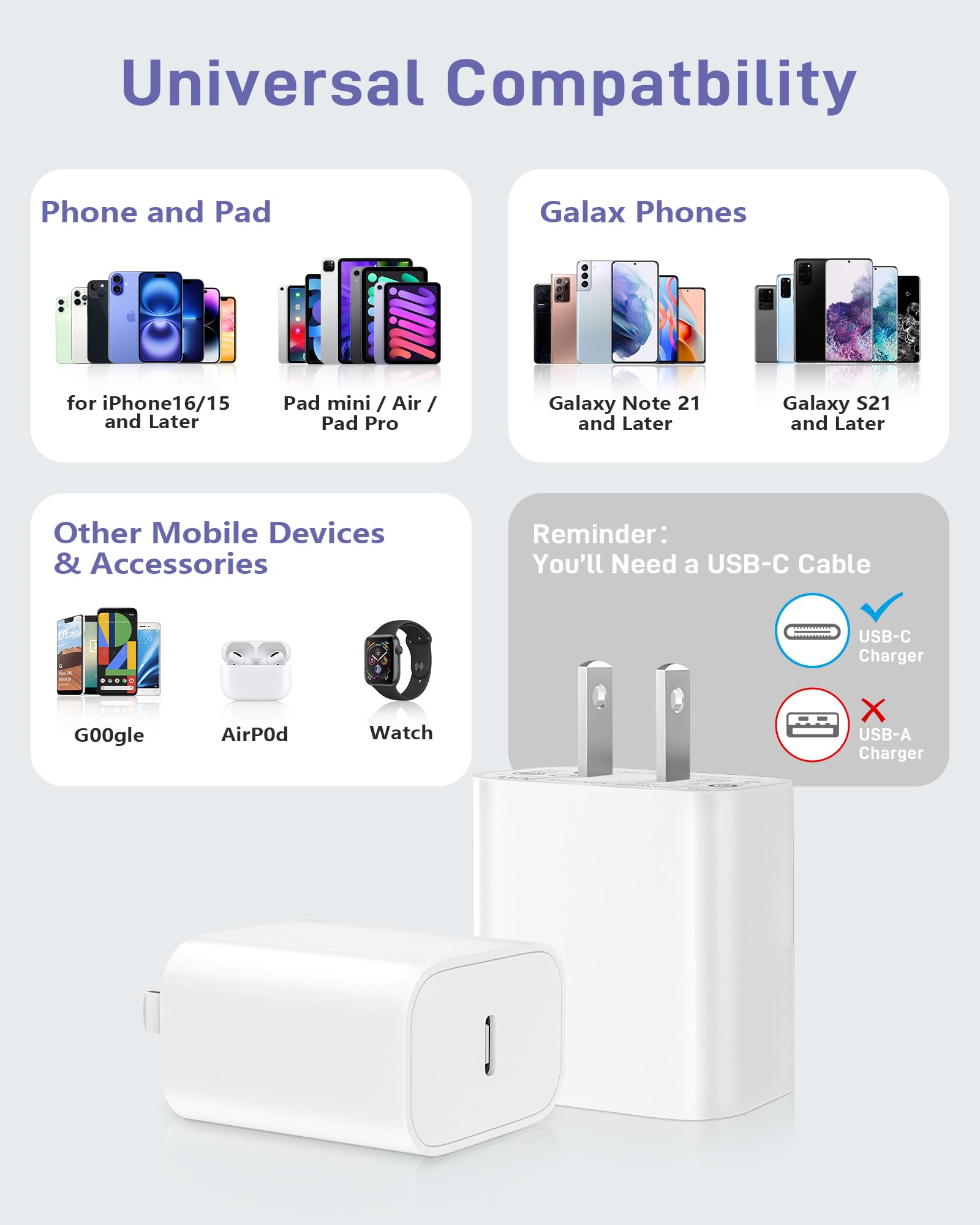 4-Pack 20W USB C PD Fast Charger Block - Quick Charge 3.0 Power Adapter for iPhone 16/15/14/13/12/11 Pro Max, Samsung Galaxy, Google Pixel, iPad & More - Perfect for Home, Office & Travel Charging