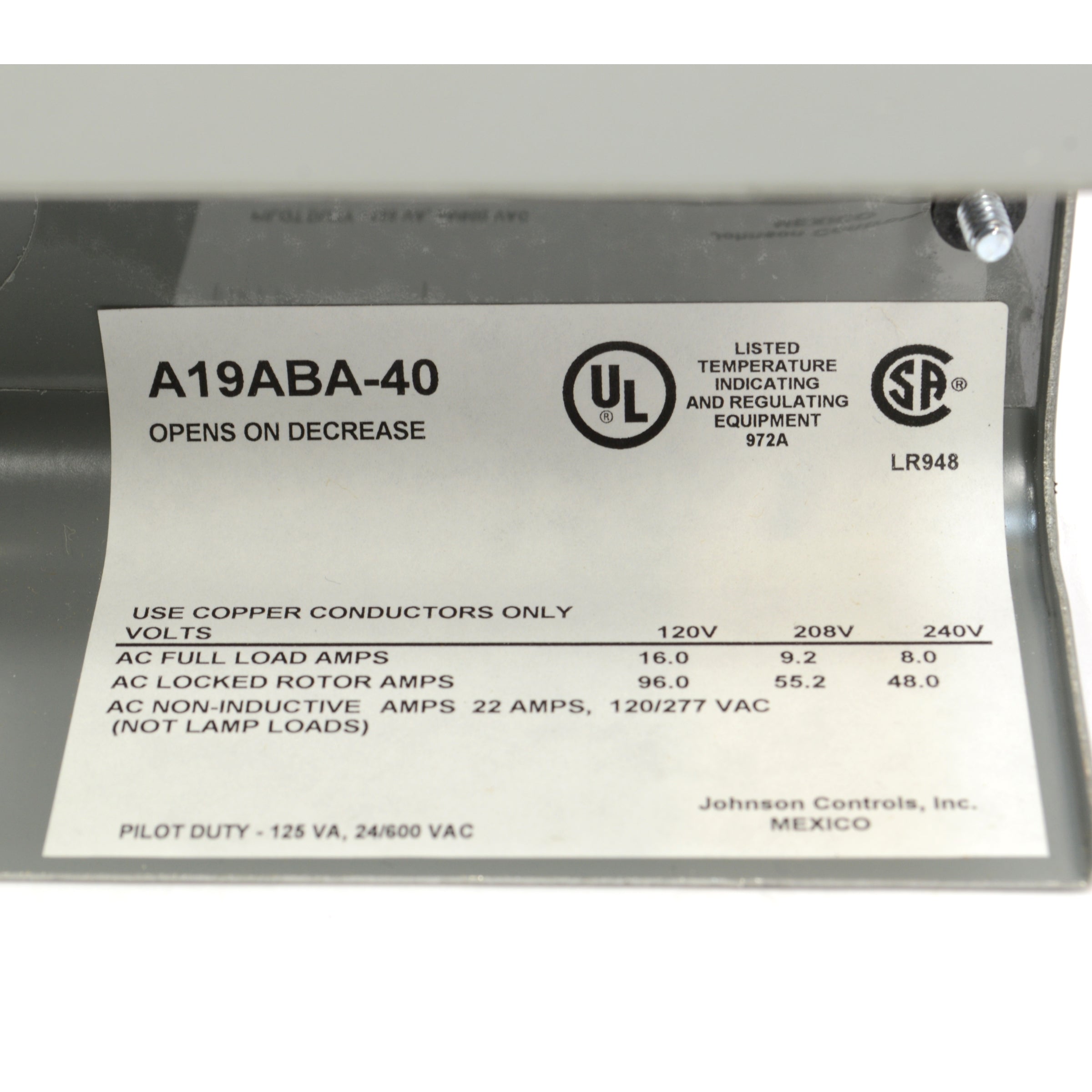 Johnson Controls A19ABA-40 Remote Bulb Temperature Control Thermostat - HVAC System, Refrigeration & Industrial Temperature Regulation