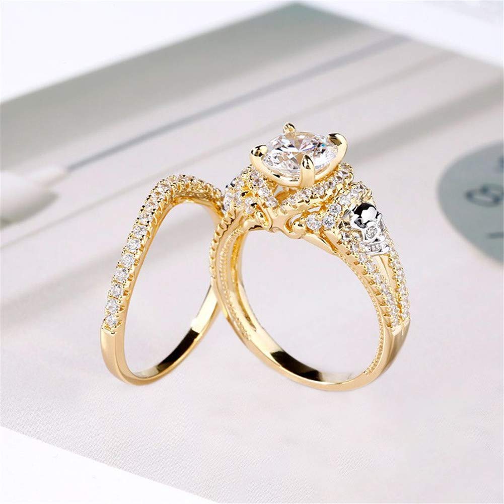 Jeulia 2.5ct Women's 14k Gold Plated Skull Ring Set - 925 Sterling Silver Round Cut Wedding Band, Eternity Ring, Anniversary & Engagement Promise Rings for Her with Jewelry Gift Box | Gothic Jewelry, Punk Fashion Accessory, Unique Gift for Girlfriend, Wife, Halloween Costume Jewelry