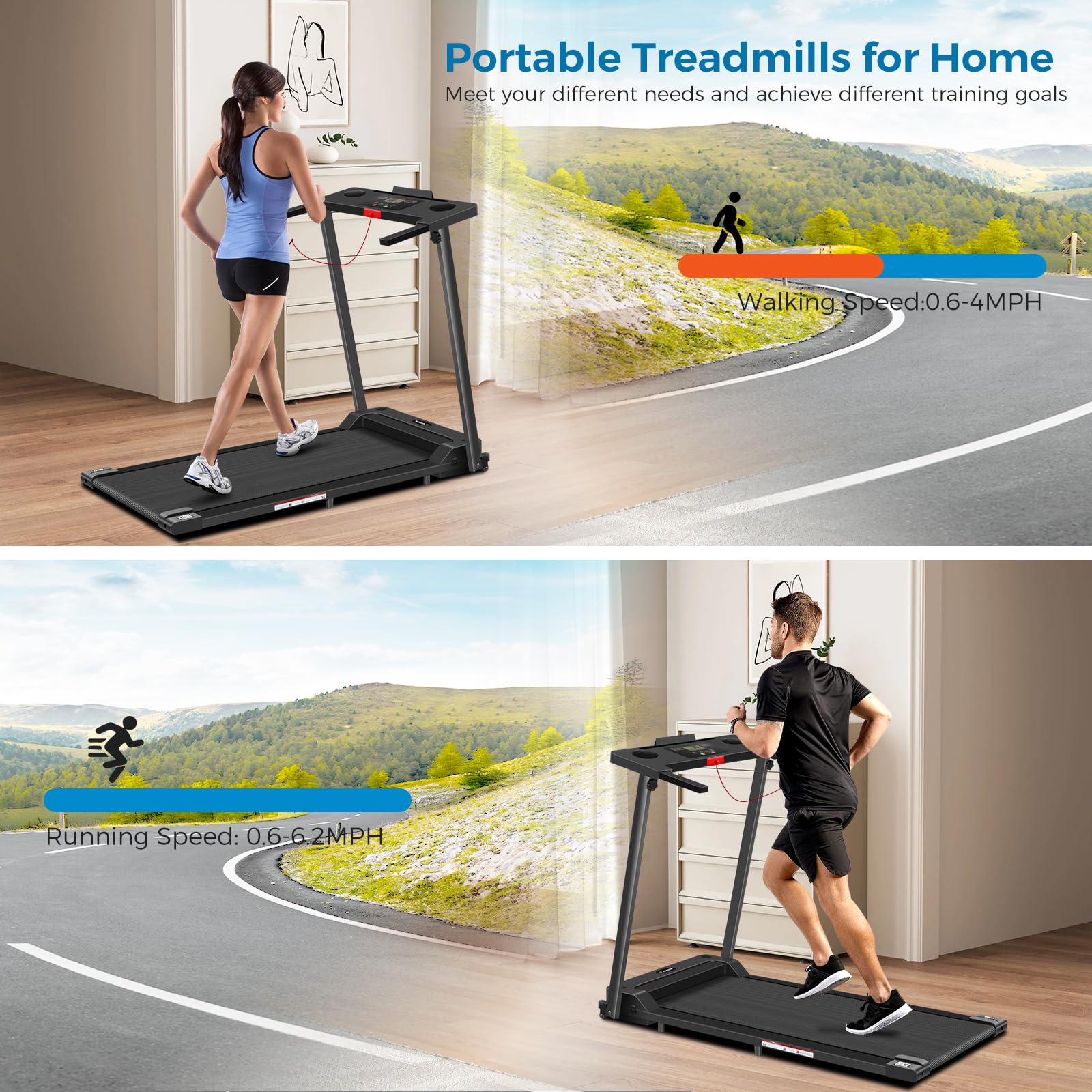 2025 Upgraded Portable Electric Treadmill for Home - 300 lbs Capacity Folding Walking Pad with LED Display & Handles | Compact Lightweight Treadmill for Small Spaces, Apartment Workouts & Home Office Fitness
