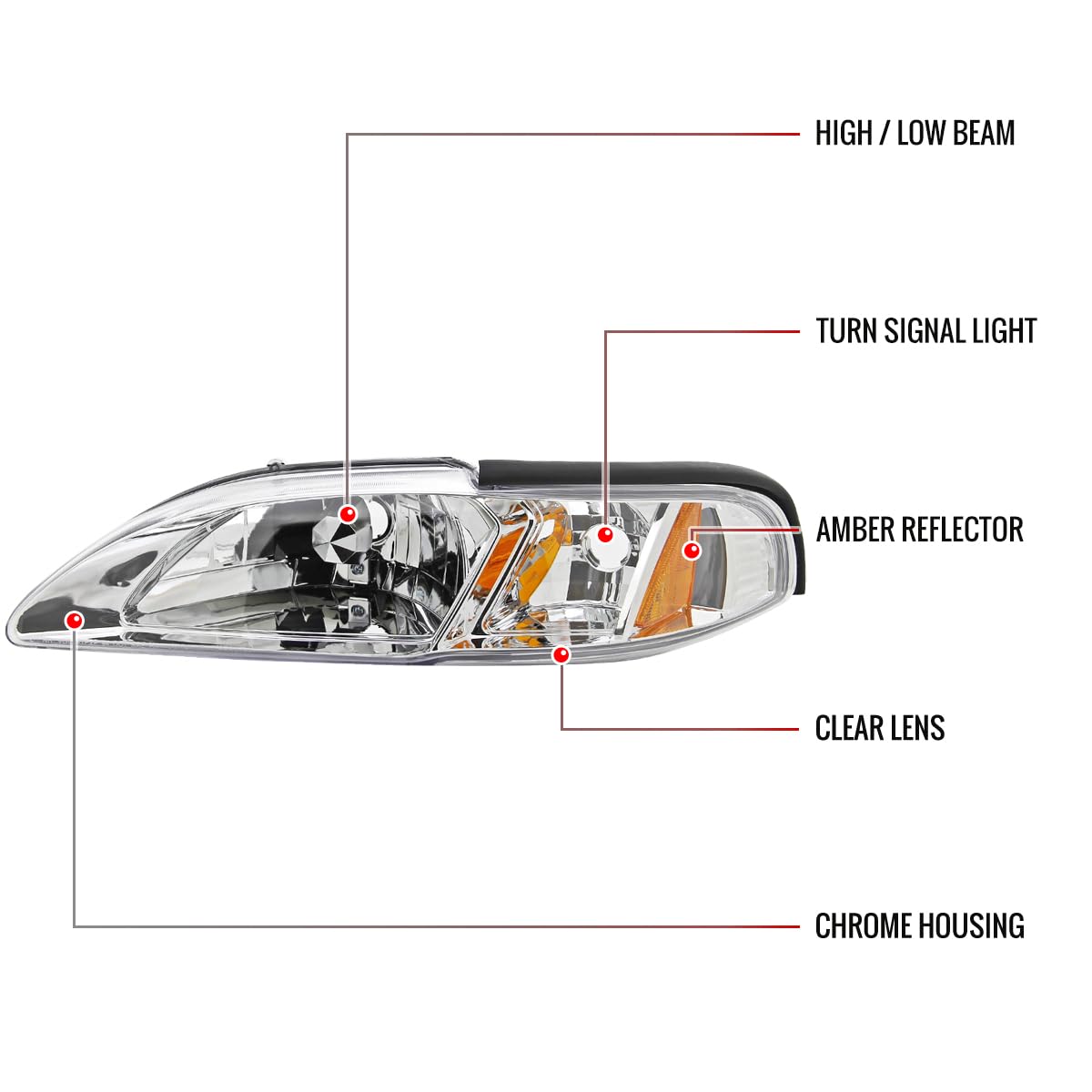 1994-1998 Ford Mustang Replacement Headlights - Clear One Piece 2-in-1 Headlight & Corner Lamps Combo - Perfect for Restoration Projects & Night Driving Safety