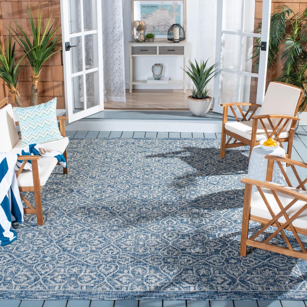 SAFAVIEH Courtyard Collection 8' x 11' Navy/Grey Indoor Outdoor Waterproof Rug - Easy to Clean, Stain Resistant for Patio, Backyard, Mudroom, Deck & Poolside (CY8766)