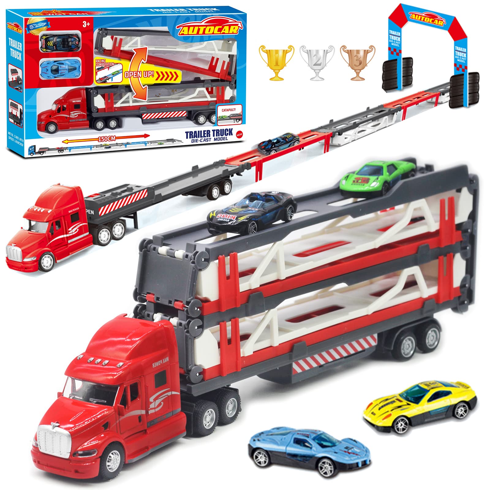 OTONOPI 59 Inch Race Car Transporter Truck Toy Set - Mega Hauler Carrier with Race Track Storage & 2 Metal Cars - Perfect Gift for Kids Toddlers Boys Girls Age 3+ - Great for Birthday Parties, Playtime & Pretend Driving Adventures