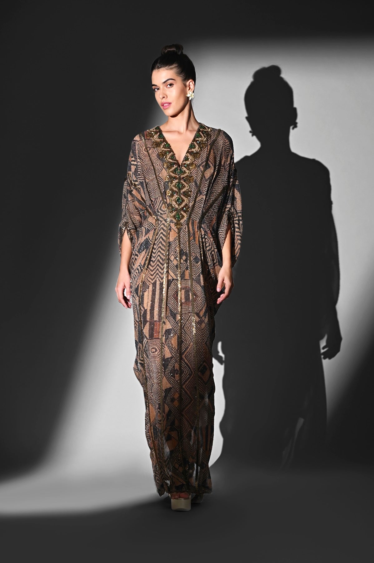 Elegant Brown Geometric Print Kaftan with Baroque Hand Embroidery - Perfect for Beach Cover-Up, Boho Chic Outfits & Summer Vacation Wear