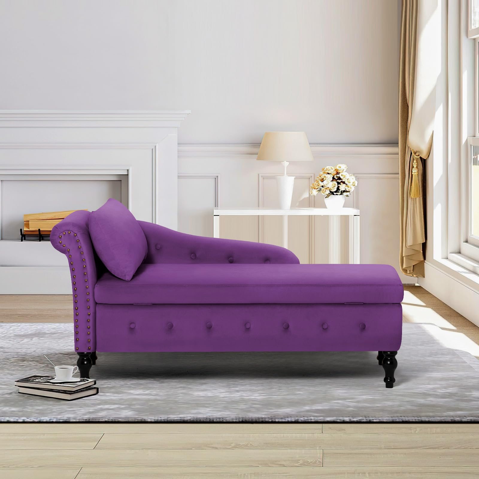 Luxury Upholstered Chaise Lounge with Left Armrest & Lumbar Support - Button Tufted Velvet Sofa with Storage - Modern Lounge Chair for Bedroom, Living Room & Office (Purple) - Perfect for Relaxation, Reading & Small Space Decor