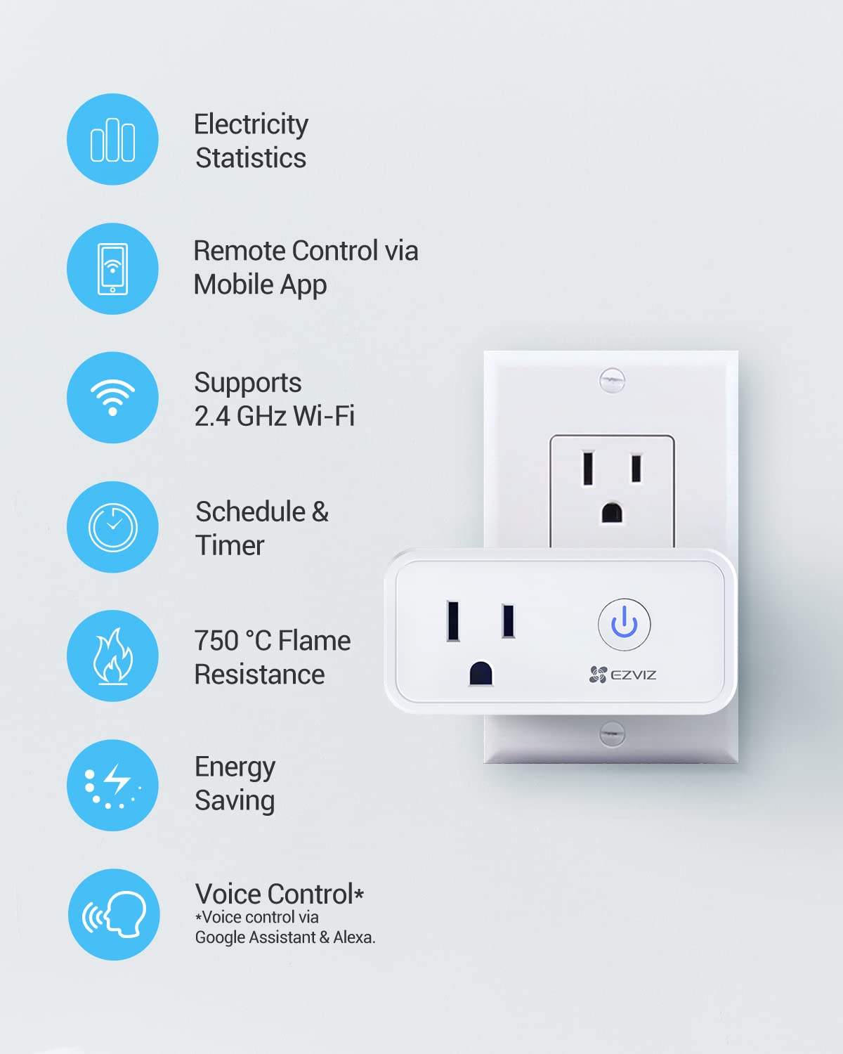 EZVIZ Smart Plug WiFi Outlet - Works with Alexa, Google Home & Echo - Remote Control Smart Home Device (White, 1 Pack) | Perfect for Lamps, Fans & Small Appliances