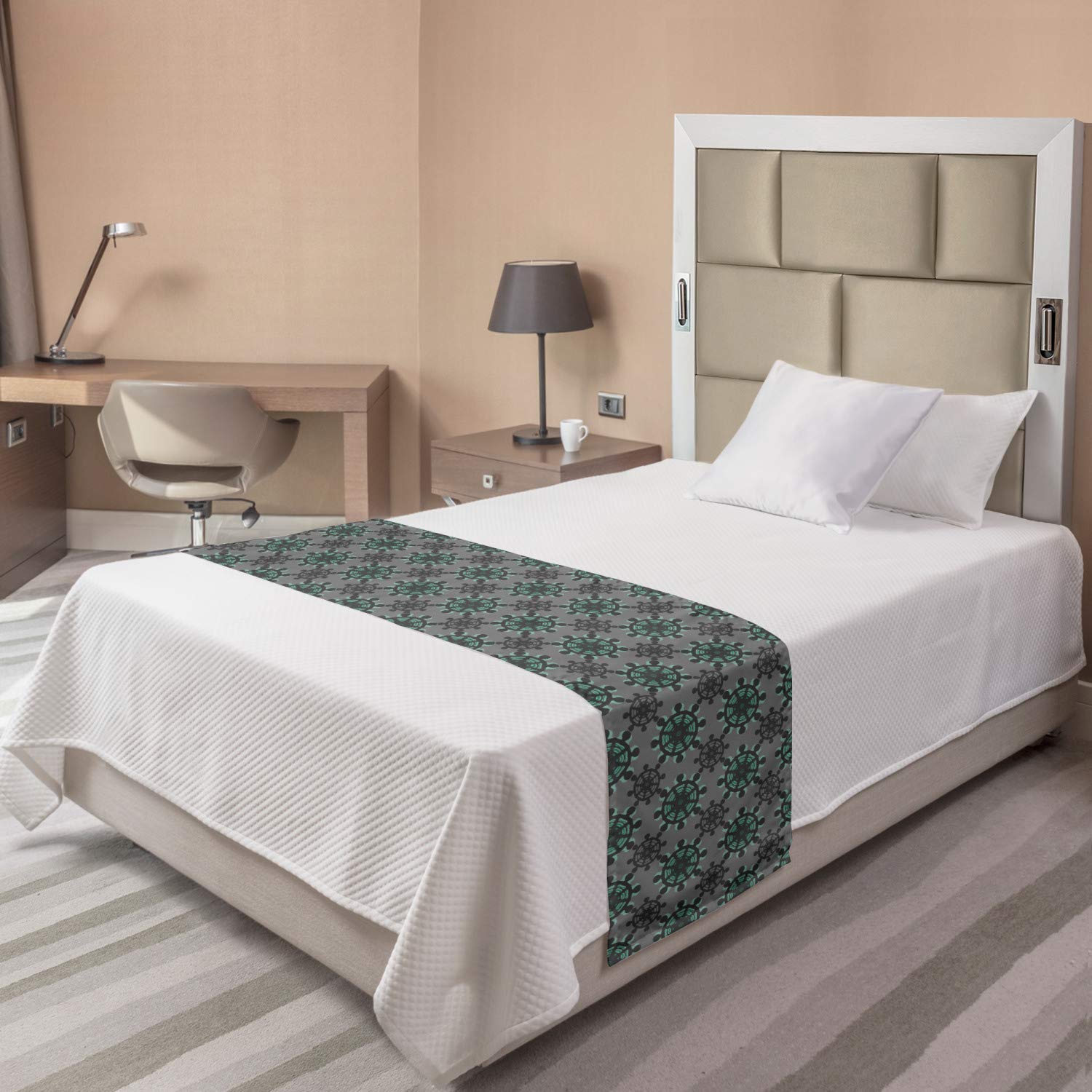 Ambesonne Nautical Marine Bed Runner - Continuous Ship Wheels Pattern, Decorative Bedding Scarf for Home, Hotel & Guest Room - Dark Grey Dimmable Accent Piece | Perfect for Coastal Themed Bedrooms & Beach House Decor