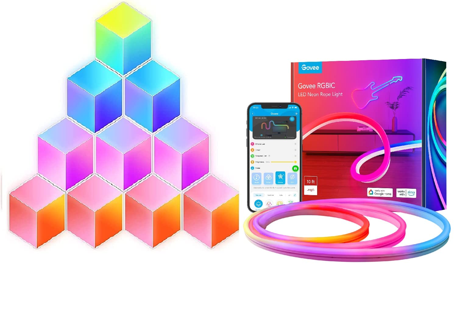 Govee Glide Hexa Pro RGBIC 3D Hexagon Wall Light Panels with Wi-Fi & Music Sync - Smart LED Room Lighting Kit Includes Neon Rope Lights for Bedroom, Gaming Setup, Home Theater and Party Decor