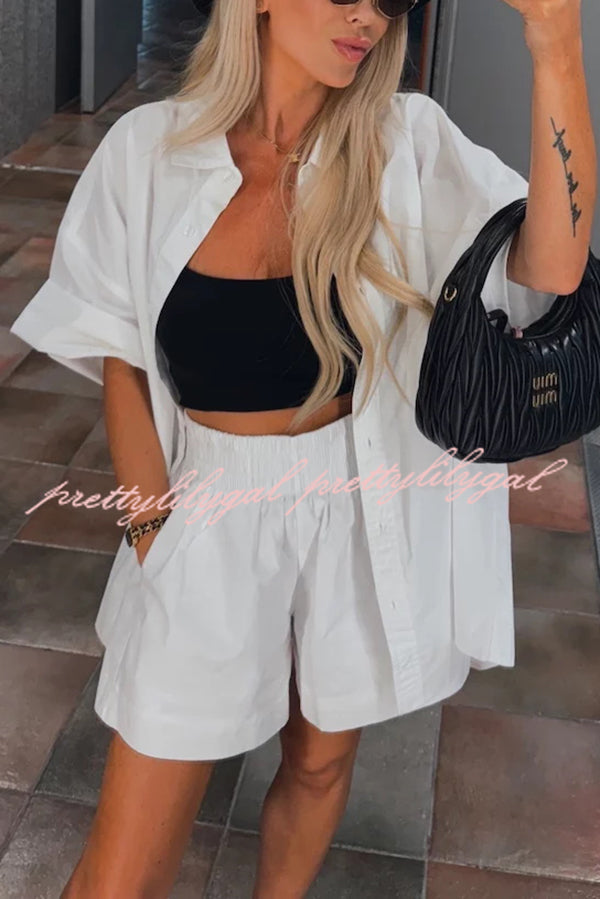 Women's Summer Casual Loose Short Sleeve Shirt & Elastic High Waist Shorts Set - Comfortable Outfit for Beach Vacation, Streetwear and Daily Wear