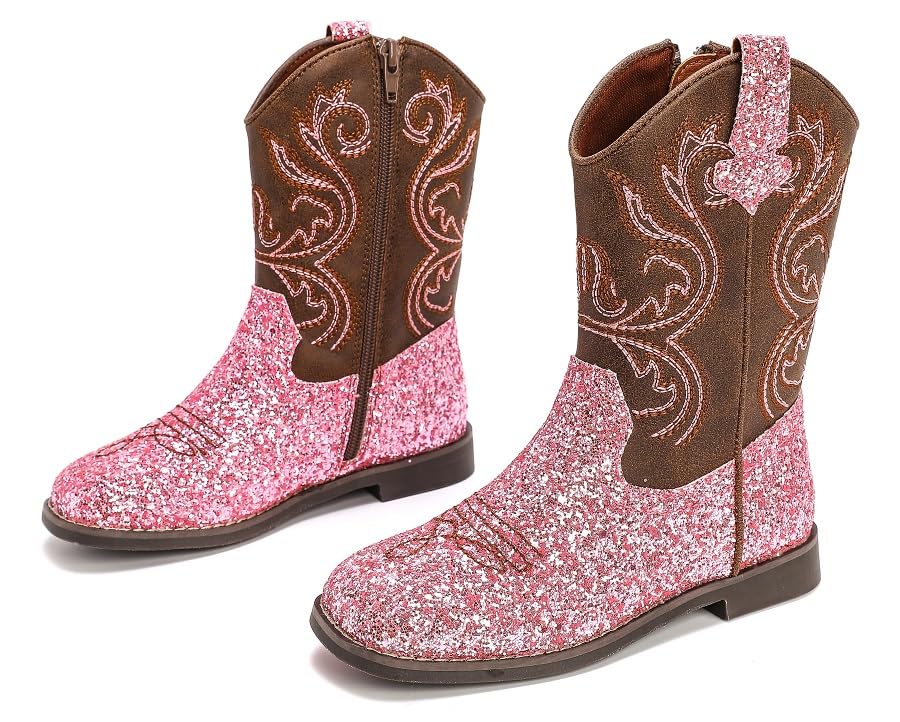 **kkdom Cowgirl Boots for Girls & Boys - Kids Fashion Glitter Western Boots with Square Toe - Perfect for Rodeo, Halloween & Western Themed Parties**