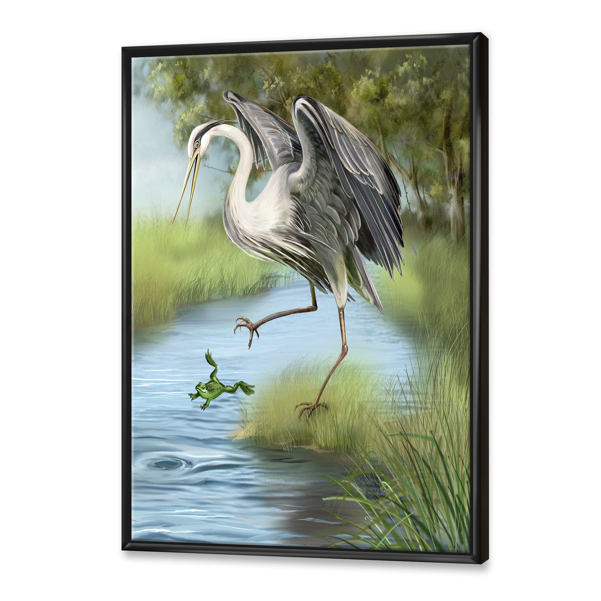 Farmhouse Framed Canvas Wall Art Print - DesignQ Crane Hunting A Frog In The Water - Perfect for Living Room, Bedroom & Office Decor