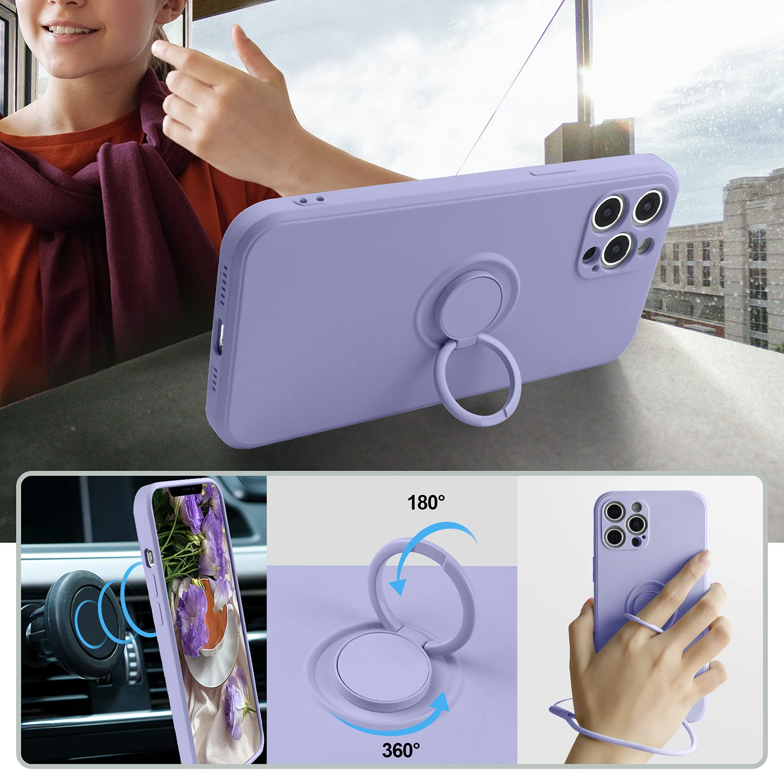 ABITKU iPhone 12 Pro Max Case (6.7-inch 2020) - Premium Silicone Protective Cover with 360° Ring Kickstand & Car Mount Support, Soft Microfiber Lining - Clove Purple | Perfect for Daily Use, Commuting, and Hands-Free Viewing