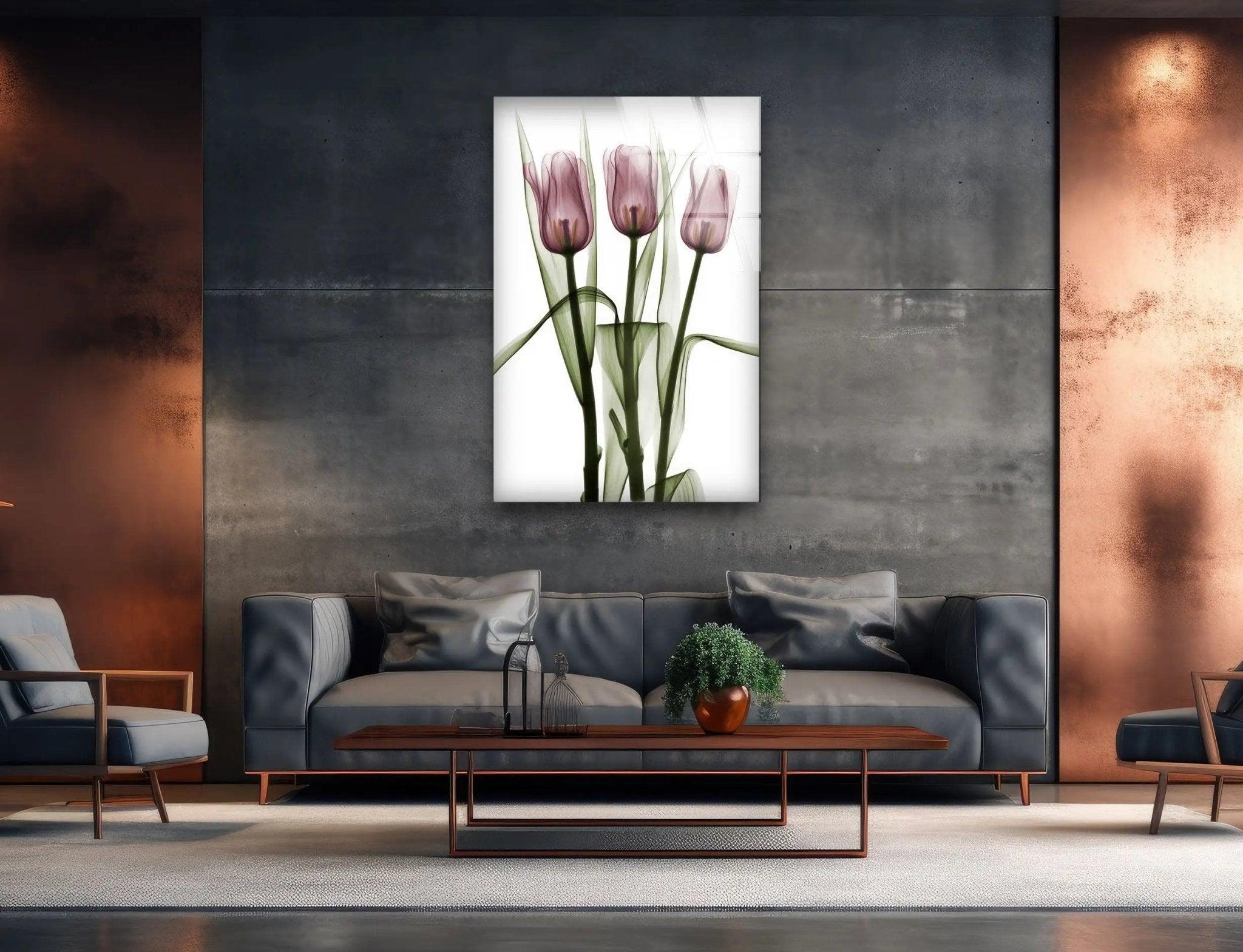 Albert Koetsier Triplet Tulips Stained Glass Wall Art - Handcrafted Floral Home Decor for Living Room, Bedroom & Office