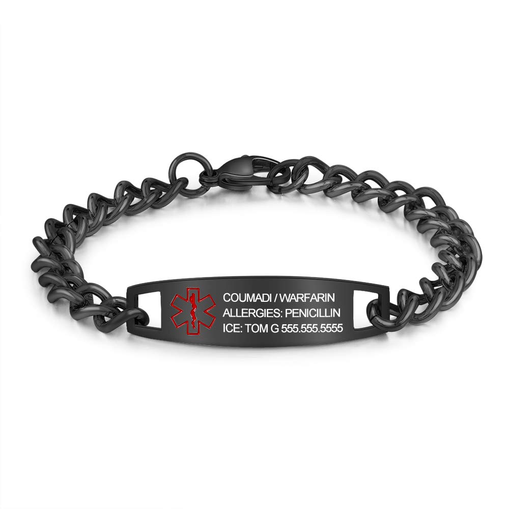 Custom Stainless Steel Medical ID Bracelets for Men - Personalized Engraved Seizure & Allergy Alert Bracelet with Black Leather Band | Emergency Medical Information Jewelry for Daily Wear & Outdoor Activities