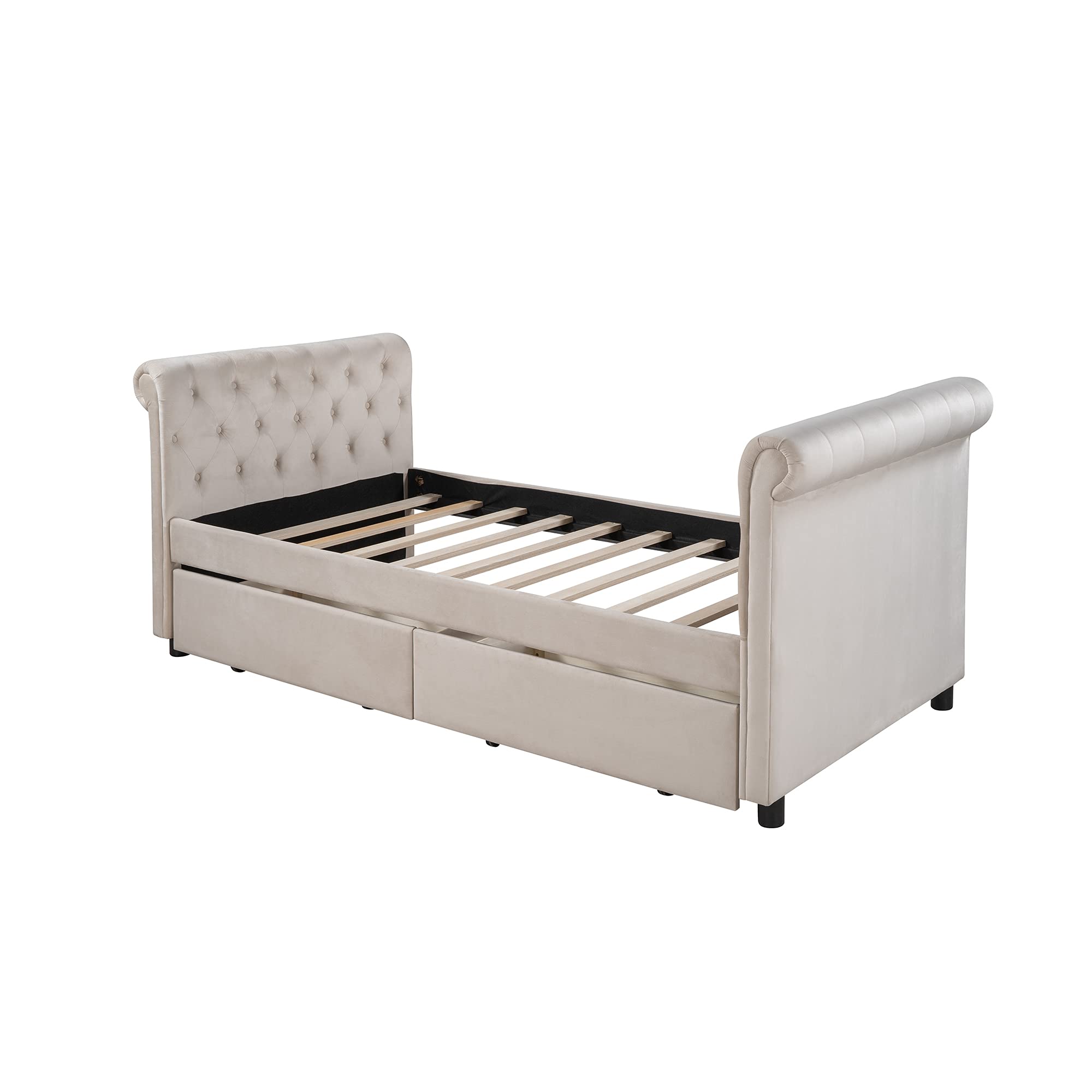 Harper & Bright Designs Twin Size Upholstered Daybed with 2 Storage Drawers - Wood Slat Support Frame, No Box Spring Needed - Easy Assembly Beige Day Bed for Guest Room, Dorm, or Small Space