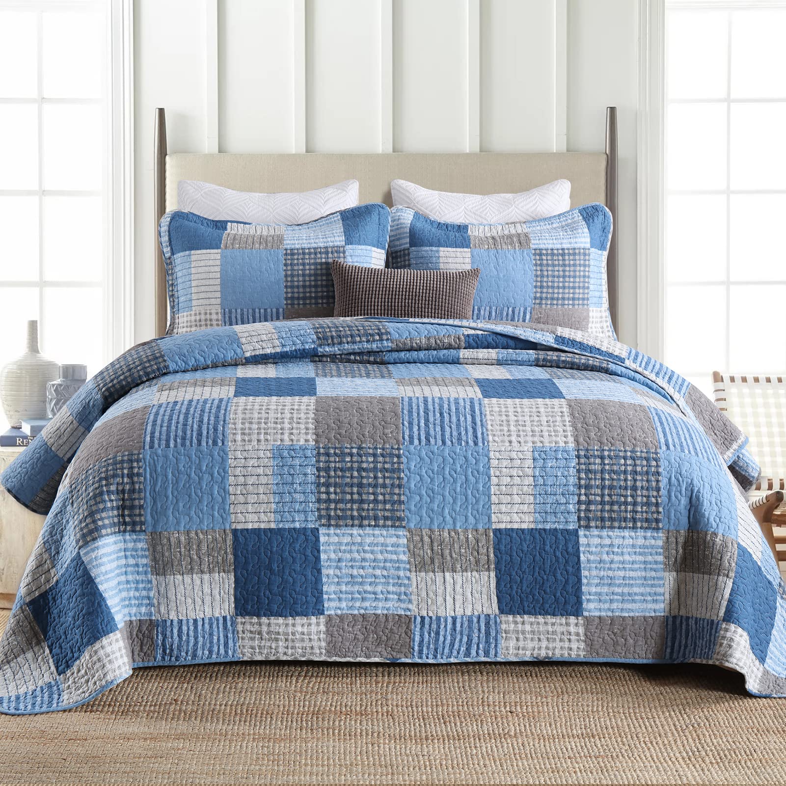 Y-PLWOMEN 100% Cotton Plaid King Size Quilt Set - Farmhouse Style Lightweight Breathable Bedspread with 2 Pillow Shams, Blue Navy, 98x106 Inch | Perfect for Cozy Bedroom Decor, Guest Room & Seasonal Home Styling