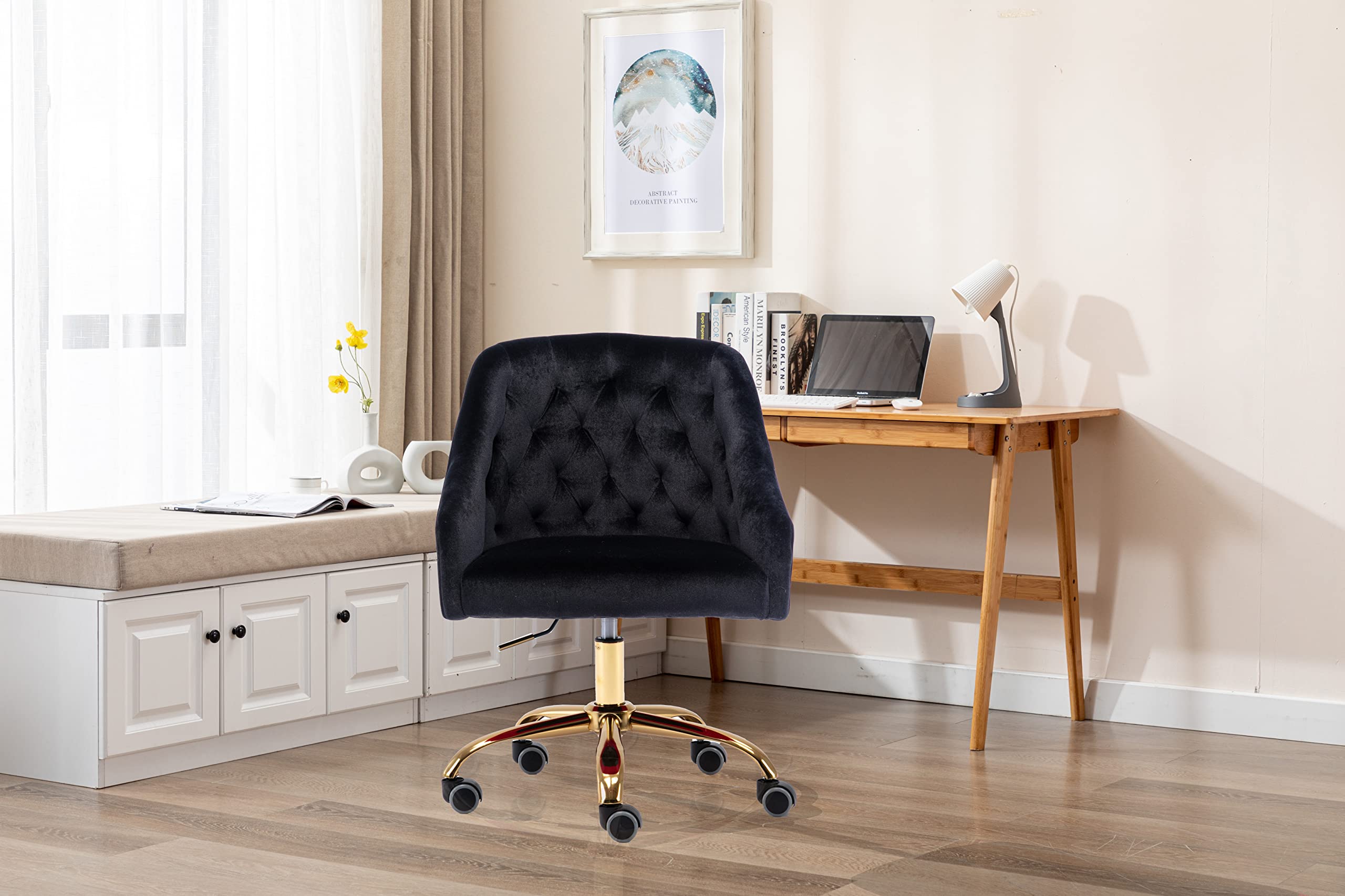 Ergonomic Modern Home Office Chair - Adjustable Swivel Desk Chair with Wheels for Work, Study & Makeup - Velvet Upholstered Task Chair for Living Room, Bedroom & Vanity (Black) - Perfect for Remote Work, Gaming & Beauty Routines
