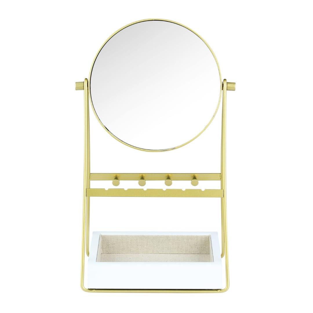 Kenna Round Vanity Mirror with Jewelry Organizer - Elegant Gold & White Tabletop Mirror for Makeup & Dressing Table - Perfect for Bedroom, Bathroom & Gift Giving