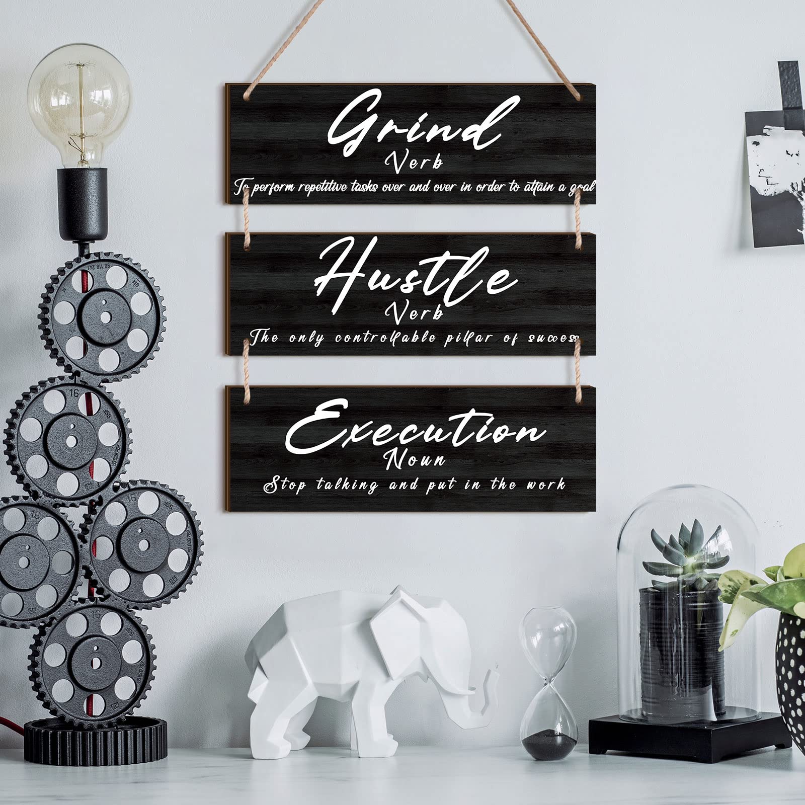 Yookeer Wooden Motivational Wall Art - Success Quote, Grind Hustle Execution Inspirational Print for Home Office, Bedroom & Workplace Decor | Perfect for Men's Workspace & Office Wall Hangings
