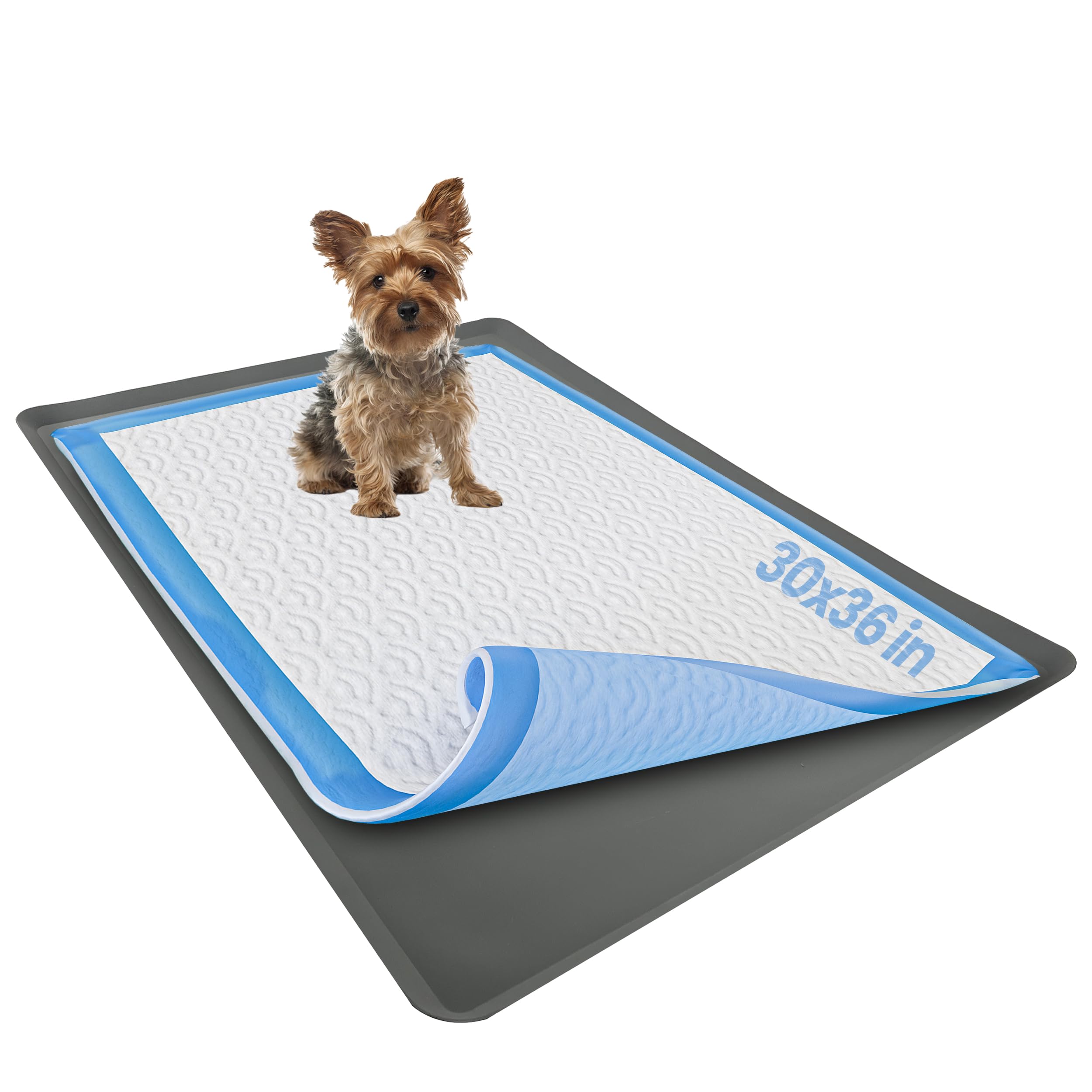 Skywin 30 x 36 Inch No-Spill Silicone Puppy Pad Holder - Leakproof, Washable & Easy-to-Clean Dog Training Mat Tray for Indoor Pets (Grey) - Perfect for Housebreaking Puppies & Senior Dogs on Hardwood Floors or Carpets
