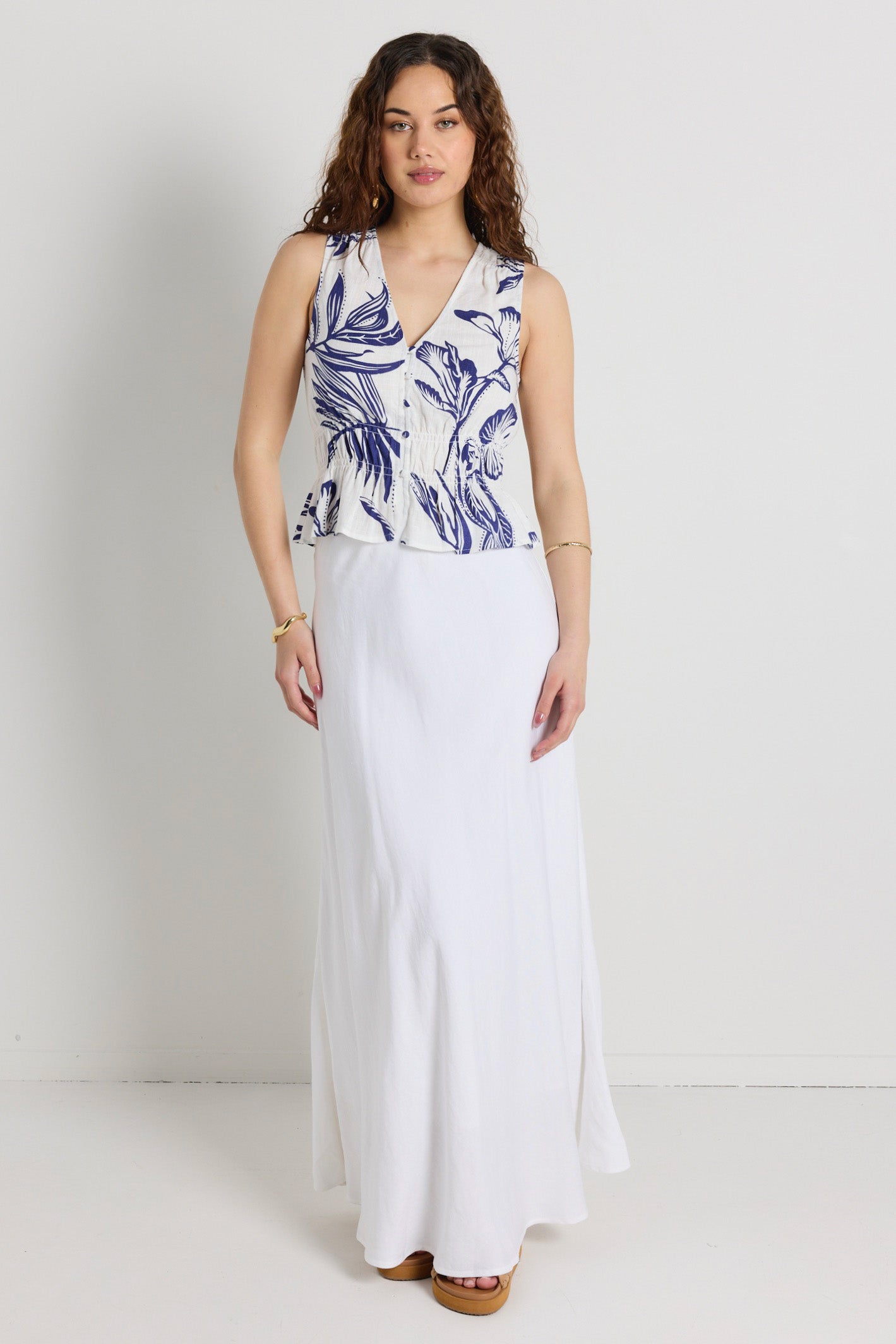 Pegasus Navy Blue Silhouette Button Front Sleeveless Blouse for Women | Casual Summer Tops | Perfect for Beach Outings, Date Nights & Office Wear