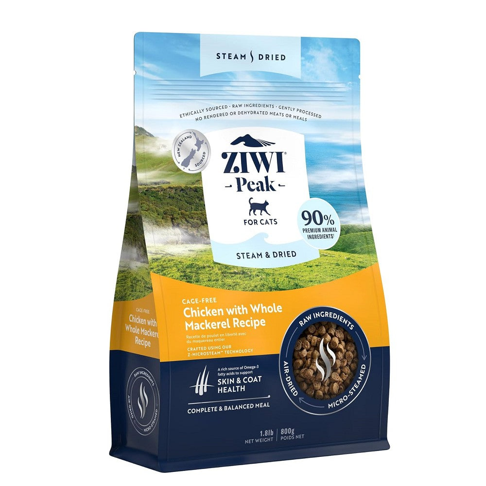 Premium Cage-Free Chicken & Whole Mackerel Cat Food - Grain-Free, High-Protein Dry & Steam-Dried Formula for Adult Cats - Perfect for Indoor Cats & Picky Eaters