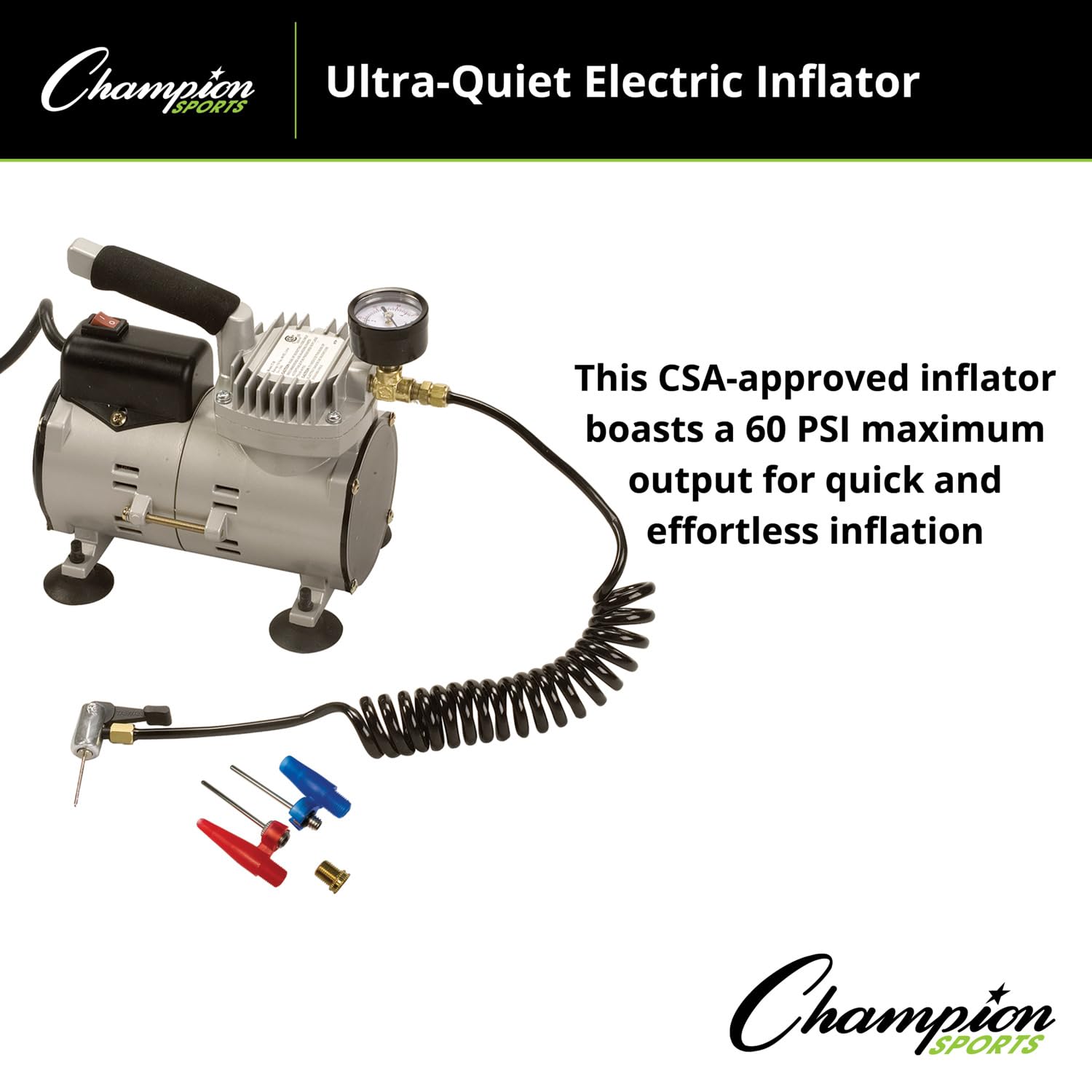 Champion Sports Electric Air Pump for Inflating Balls, Pool Floats & Air Mattresses - Portable Quick Inflation for Sports Equipment, Swimming Pool Toys and Camping Gear