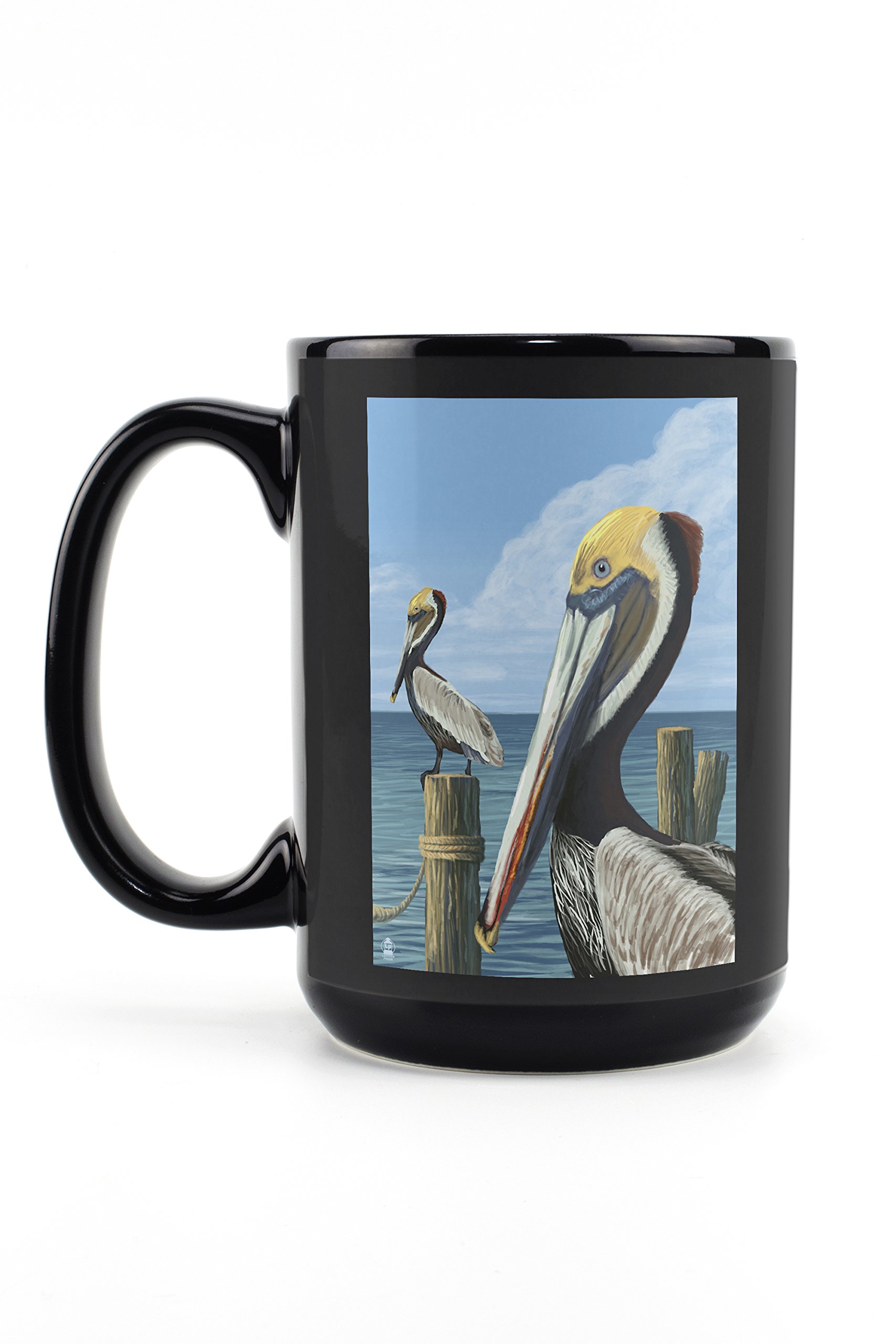 Brown Pelican 15oz Black Ceramic Coffee Mug - Microwave & Dishwasher Safe - Perfect for Home, Office & Outdoor Use