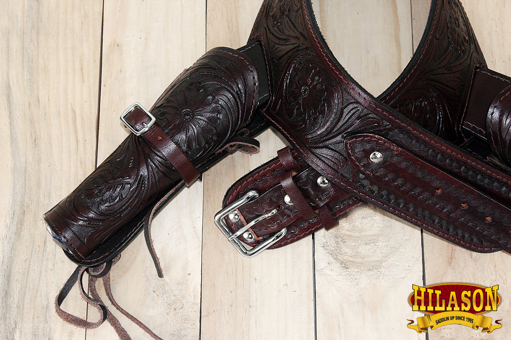 Hilason 44/45 Cal Western Double Hand Gun Leather Holster Rig - Cowboy Style Belt for Revolver & Pistol - Perfect for Shooting Range, Hunting, and Western Costume