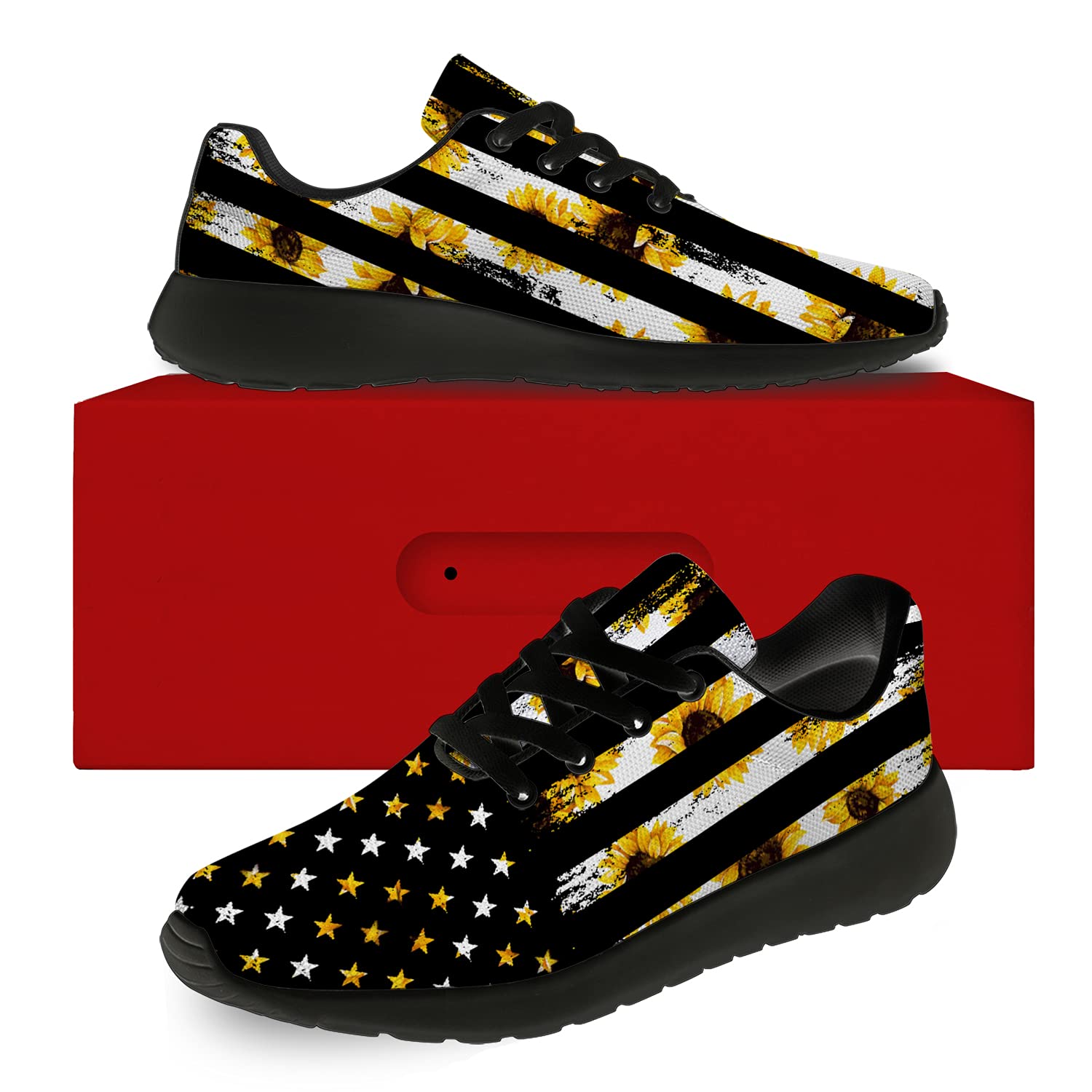 **USA Flag Sneakers for Men & Women - Patriotic Running, Walking & Tennis Shoes with Sunflower Floral Design - Unisex Black Athletic Shoes (Size 7 Men/8.5 Women) - Perfect for 4th of July, Independence Day & Outdoor Activities**