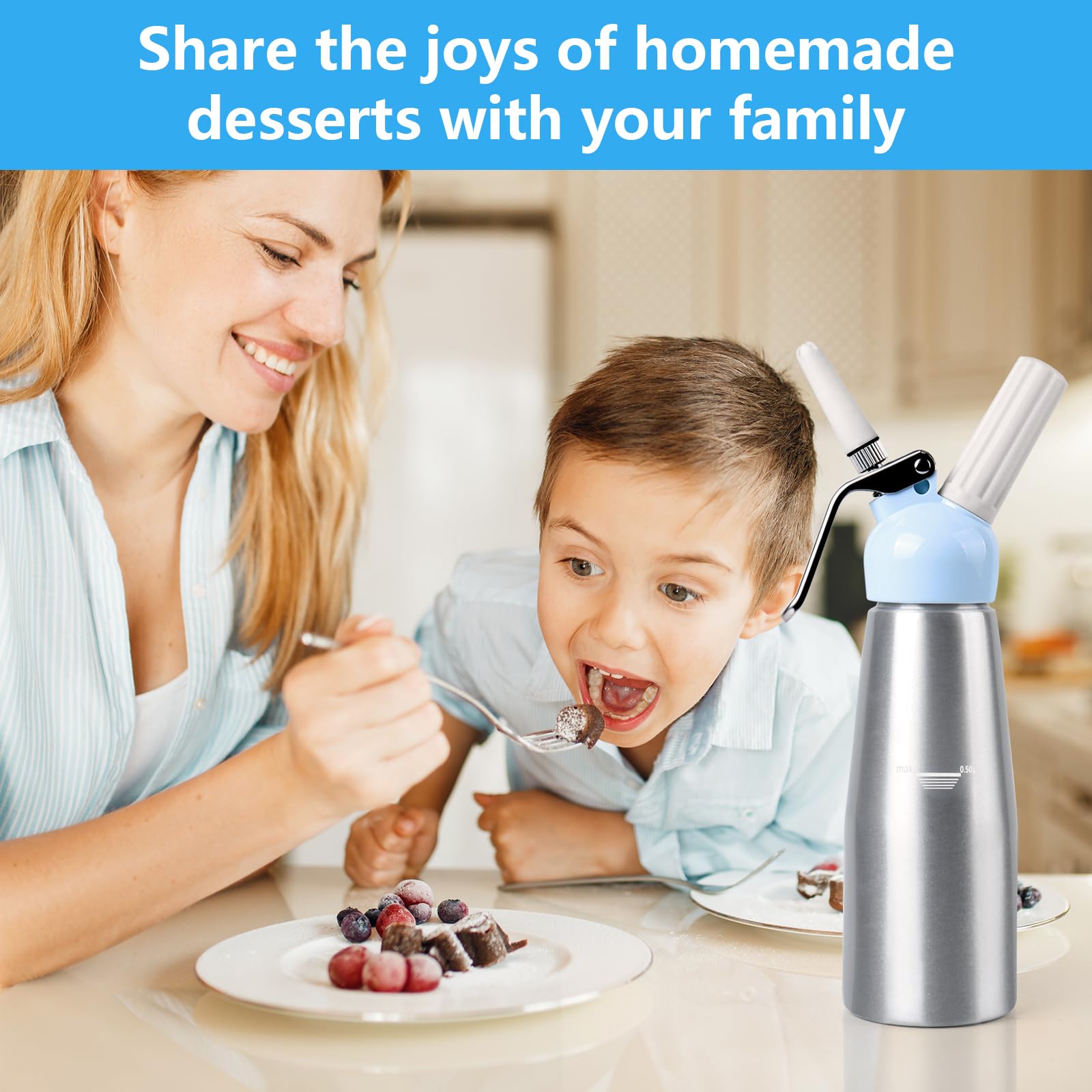 Professional Whipped Cream Dispenser Charger - 1 Pint (500ml) Aluminum Cream Maker with 3 Decorating Tips & Cleaning Brush - Perfect for Desserts, Coffee Toppings & Party Decorations