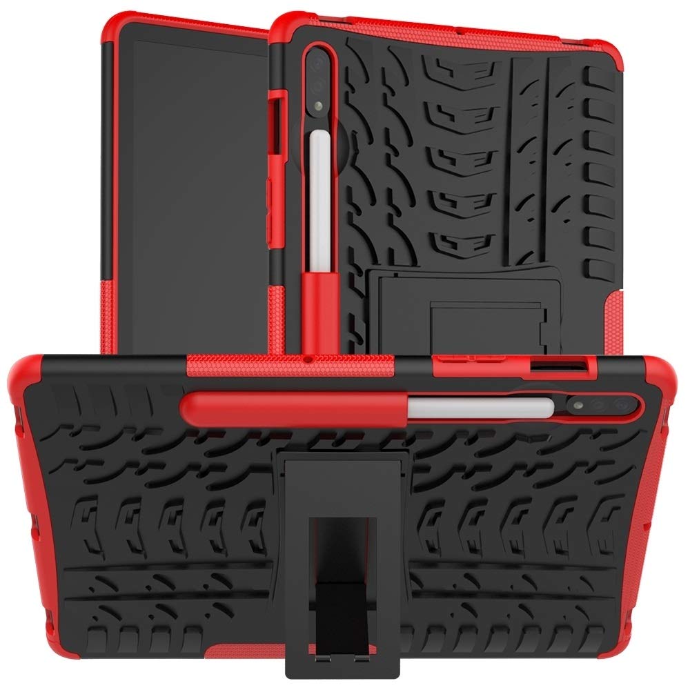 Shockproof TPU+PC Protective Case for Samsung Galaxy Tab S7 T870/T875 - Durable Tire Texture Design with Holder (Red) - Perfect for Travel, Work & Outdoor Adventures