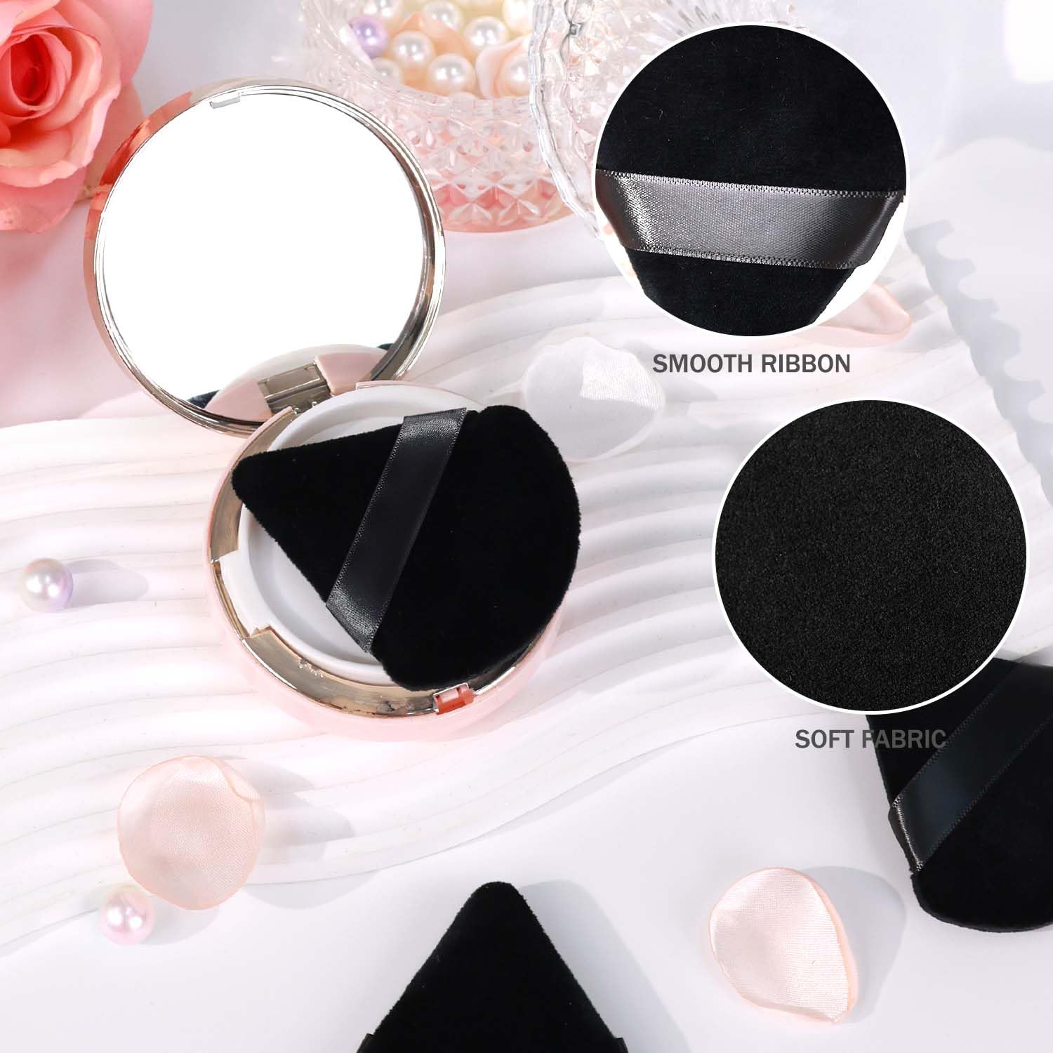 6-Piece Soft Velour Triangle Powder Puff Set - Premium Makeup Sponges for Loose & Body Powder - Black Beauty Blender for Flawless Finish - Perfect for Contouring, Baking & Everyday Makeup Application