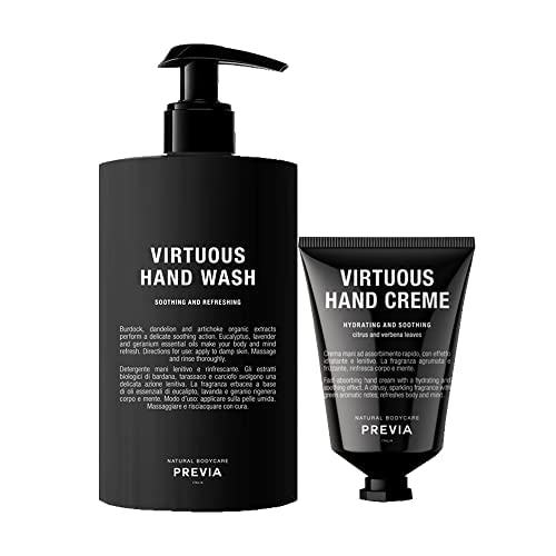 PREVIA Virtuous Soap Set - Lavender & Geranium Scented Hand Wash (16.9 oz) & Moisturizing Hand Cream (1.7 oz) | Vegan, Natural Skincare Duo for Dry Hands | Perfect for Bathroom, Kitchen & Gift Giving
