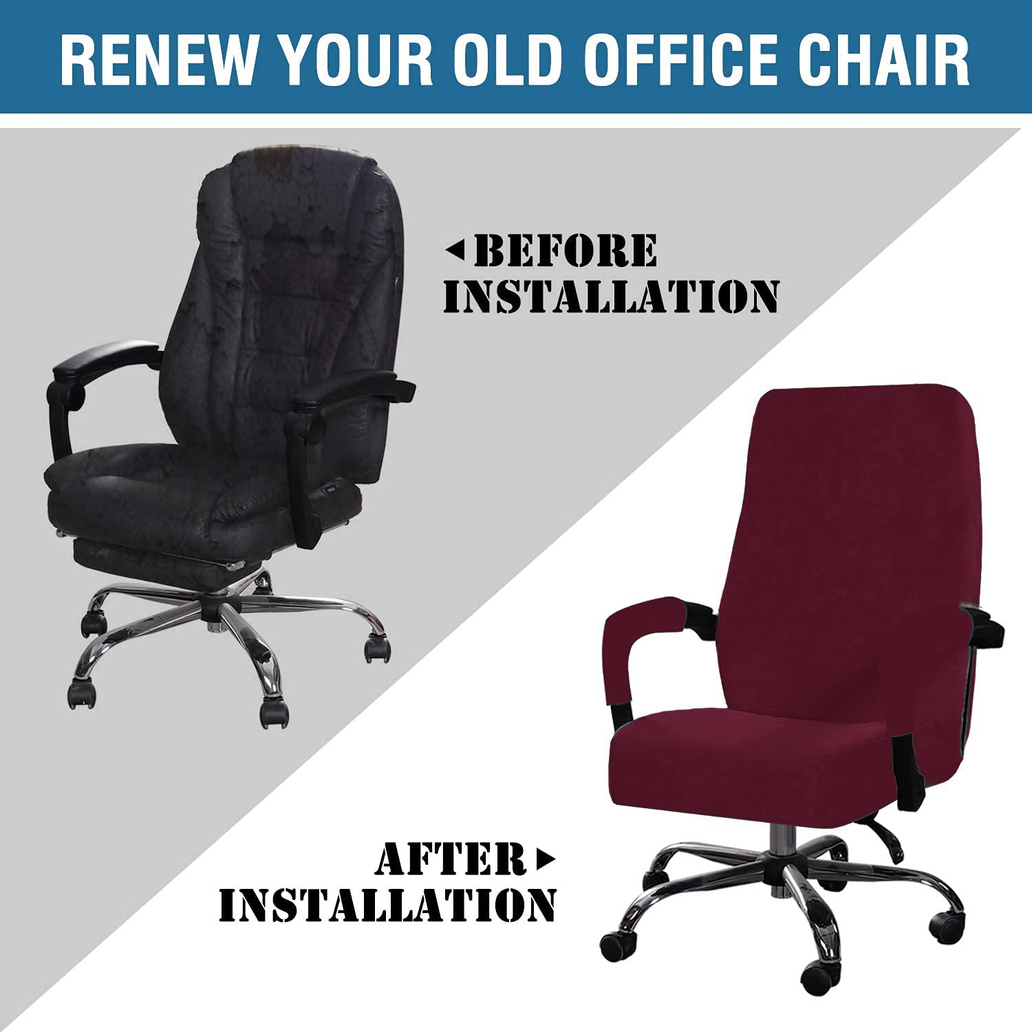 Stretchable Velvet Office Chair Cover - Removable & Washable Universal Elastic Slipcover for Computer, High Back & Rotating Chairs - Modern Simplism Design (Red Wine, Large) - Perfect for Home Office, Gaming & Workspace Decor