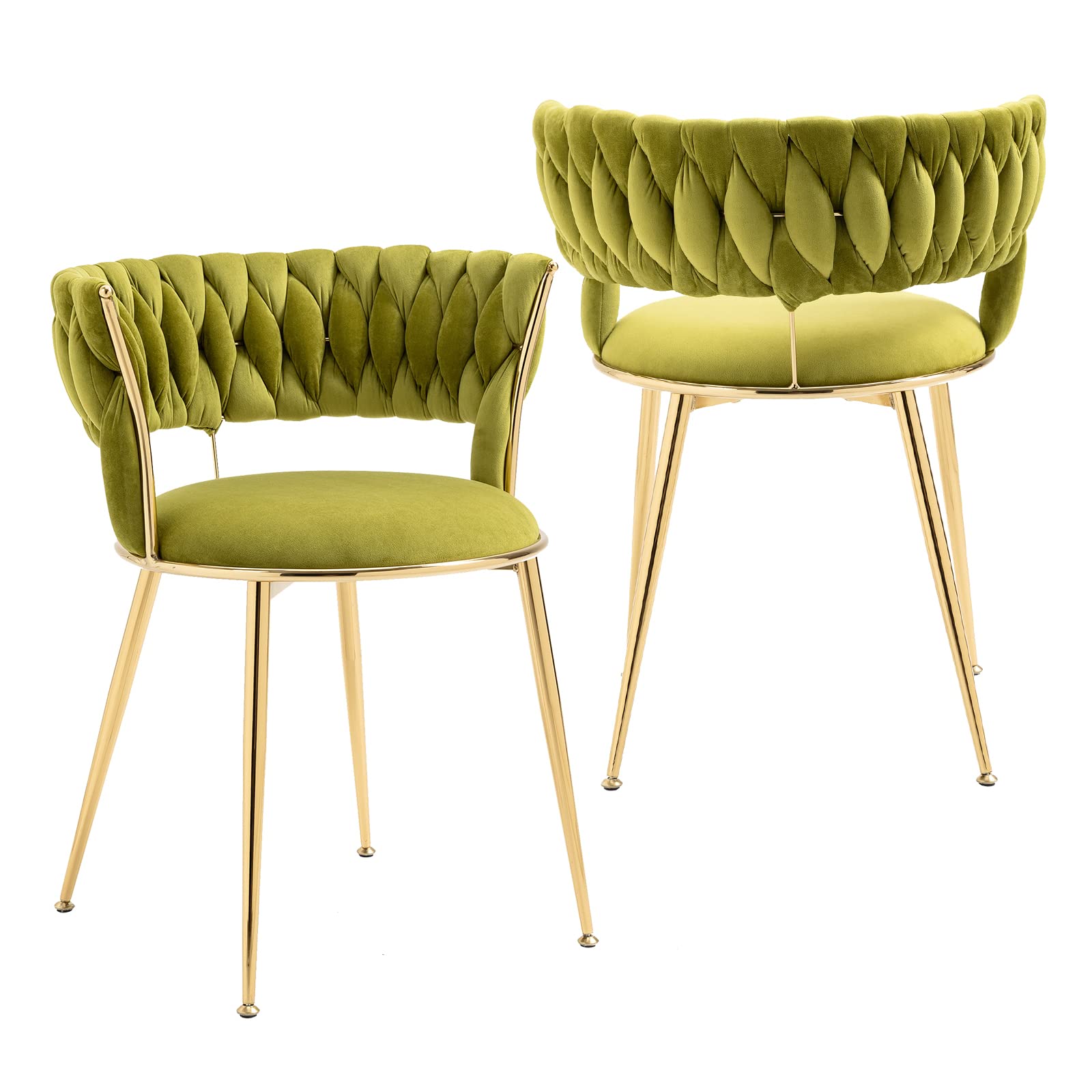 NIOIIKIT Modern Velvet Dining Chairs Set of 2 - Handwoven Upholstered Accent Chairs with Golden Metal Legs for Living Room, Dining Room & Kitchen | Elegant Home Decor for Entertaining Guests & Family Gatherings (Green)
